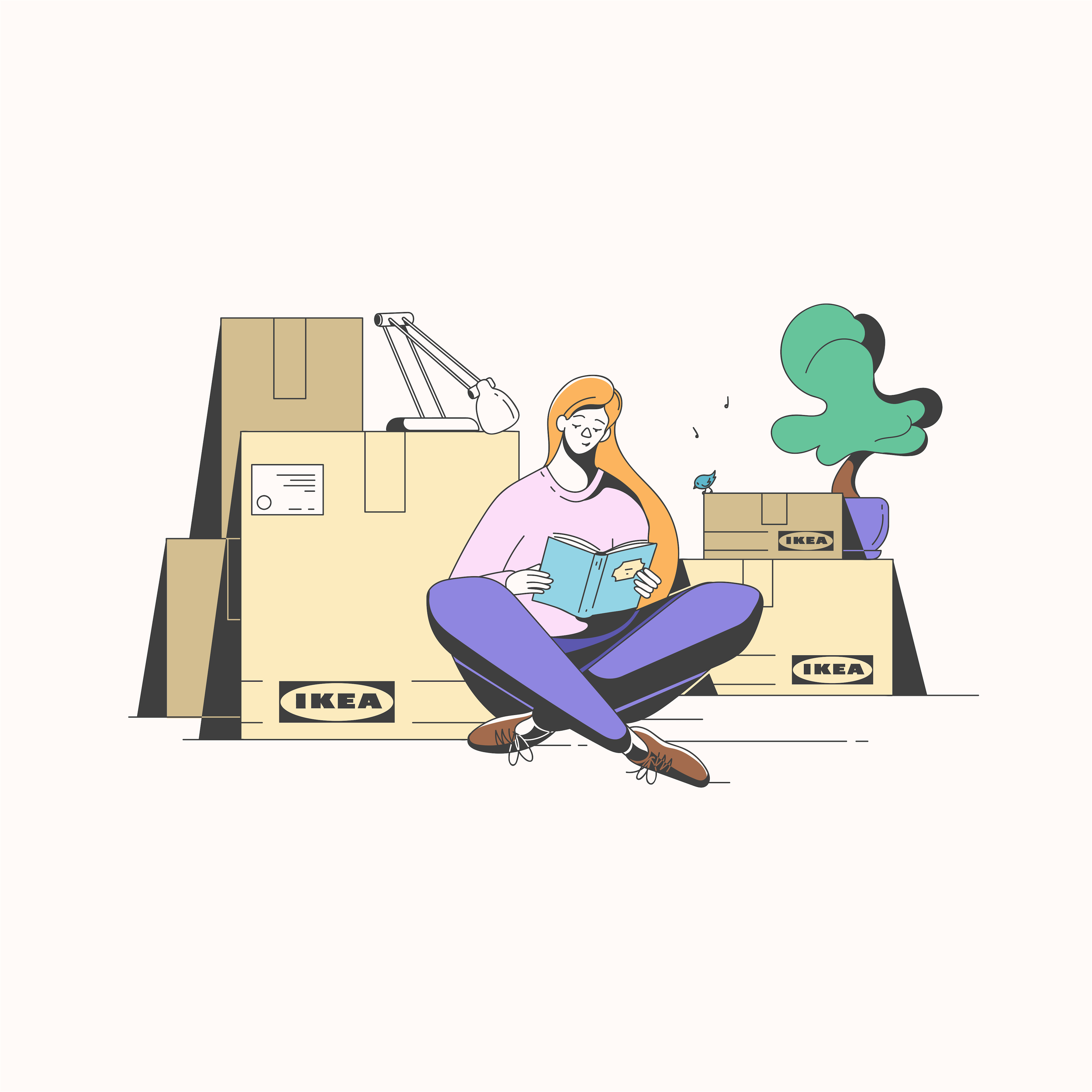 Illustration of a person sitting cross-legged on the floor, reading a book, surrounded by IKEA boxes, a desk lamp, and a potted plant.