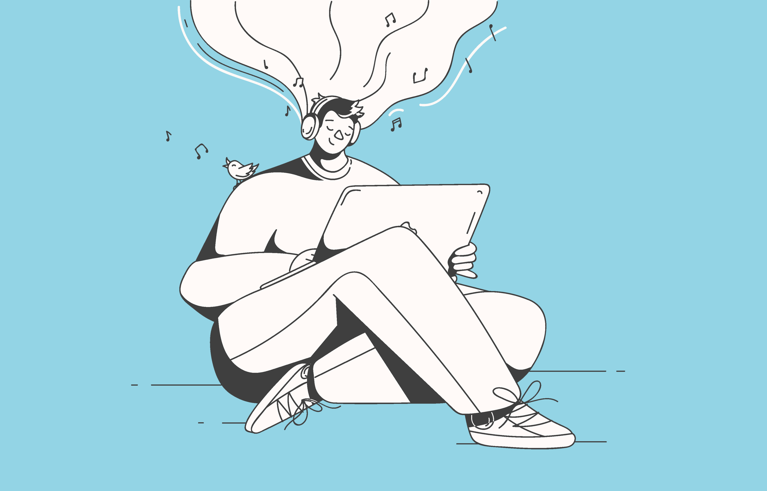 Illustration of a person sitting cross-legged, wearing headphones, holding a tablet. Musical notes and a bird are around them, conveying a sense of music enjoyment. The background is blue.