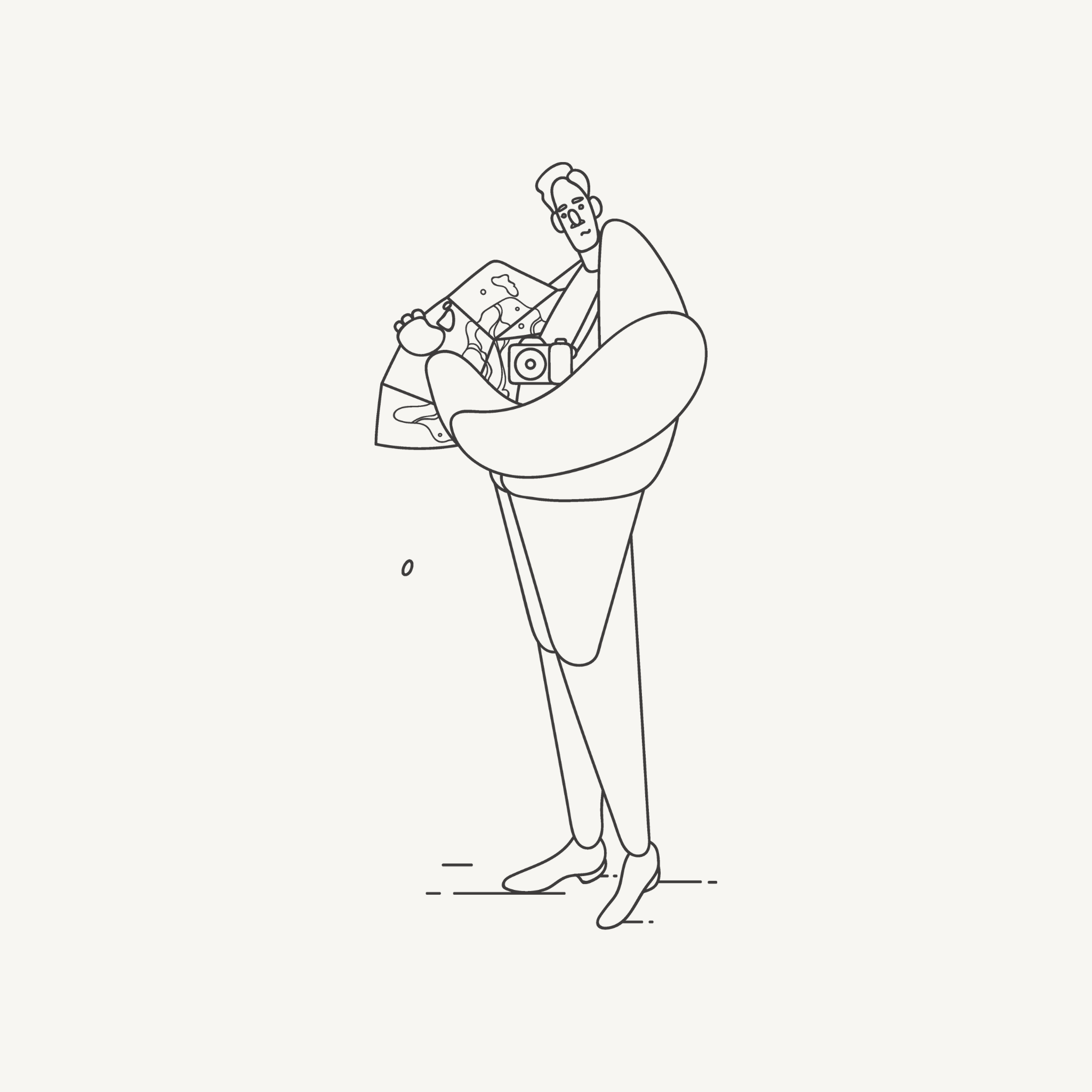 Line drawing of a person holding a map and camera, appearing lost or exploring.