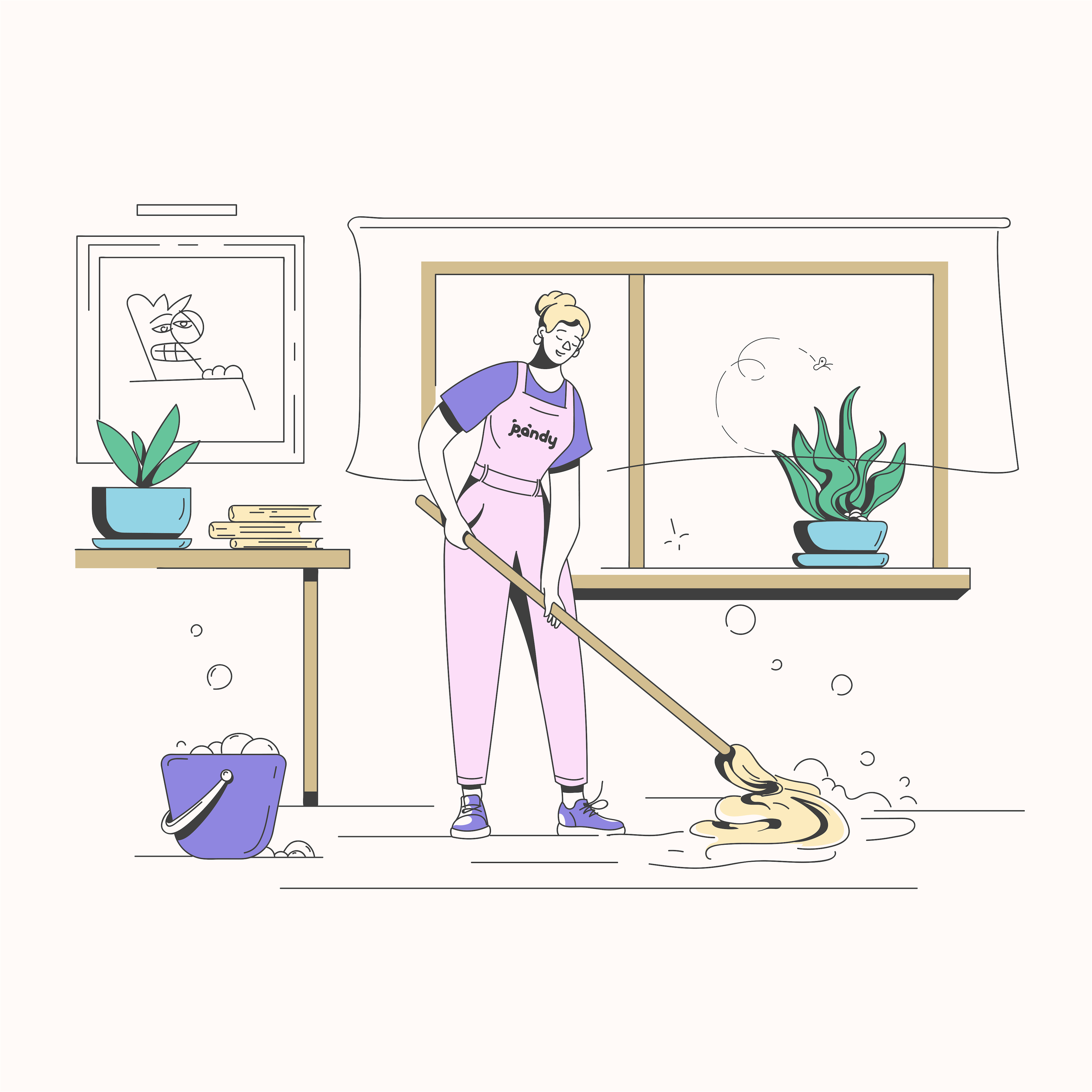 Illustration of a person mopping a floor with a bucket of soapy water nearby, wearing overalls with 'Handy' printed on them. A window and potted plants are in the background, along with a side table holding books and another plant.