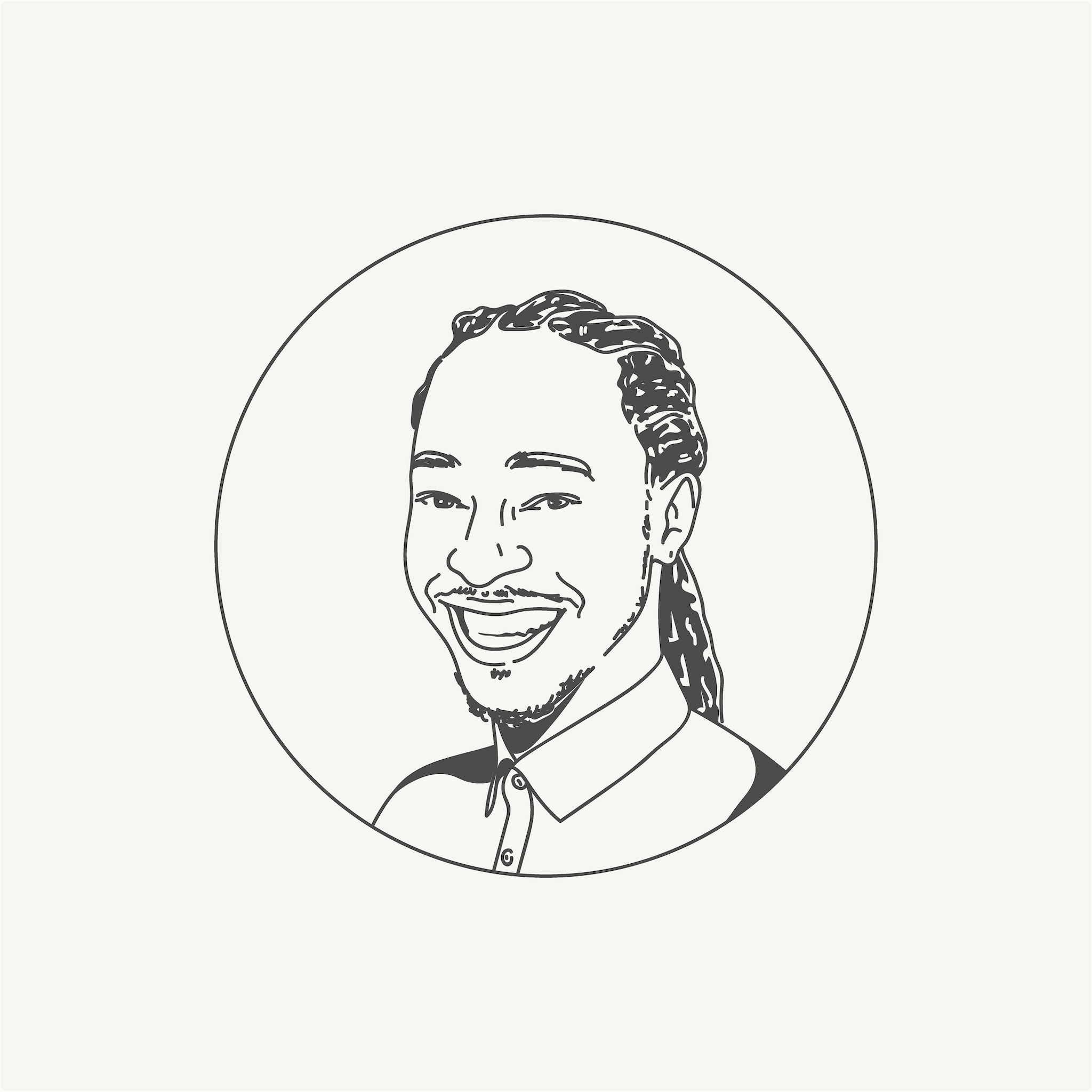 Illustrated portrait of a smiling person with long hair in a ponytail, wearing a collared shirt, enclosed in a circular frame.