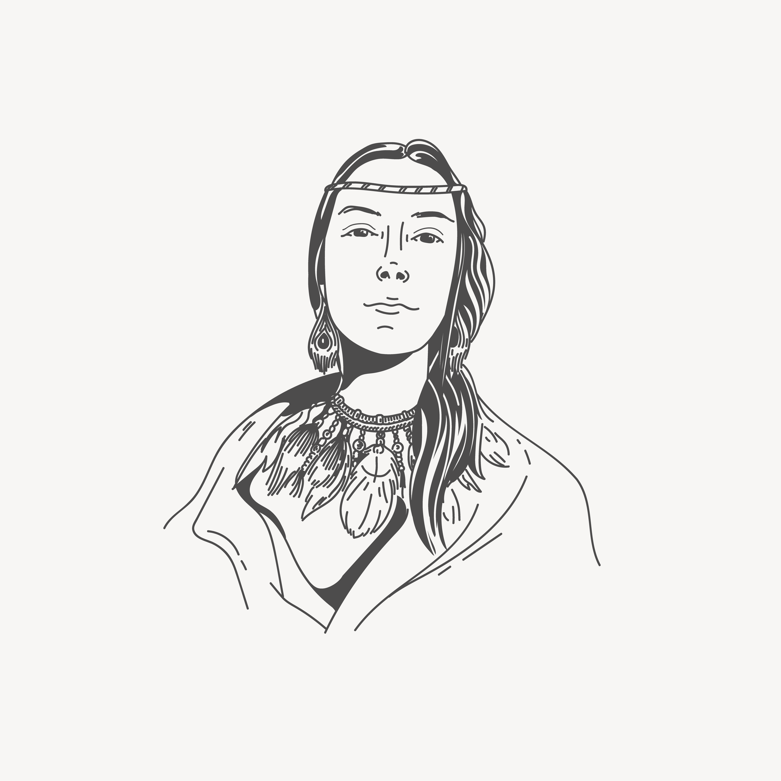 Illustration of a woman wearing a feathered necklace and headband