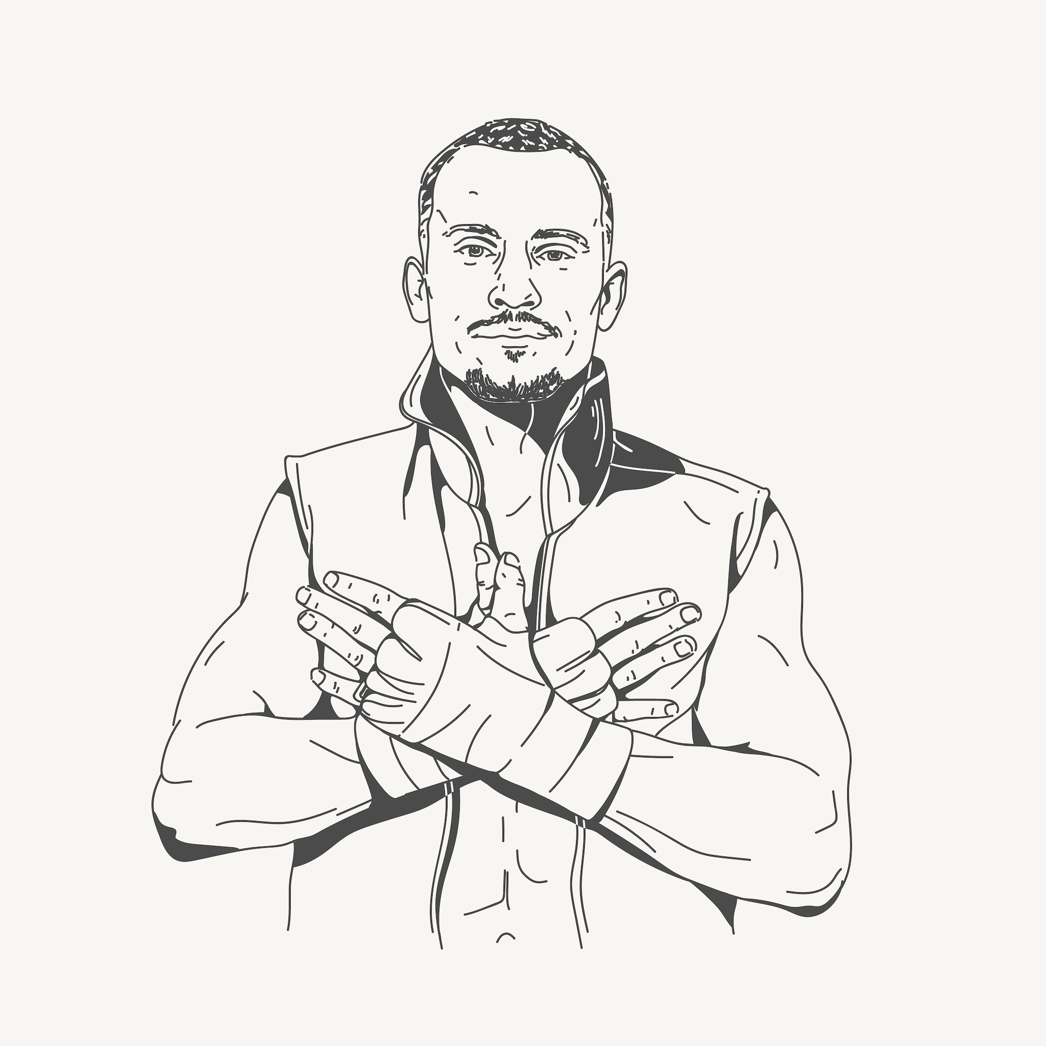 Illustration of a male fighter with crossed arms and hand wraps