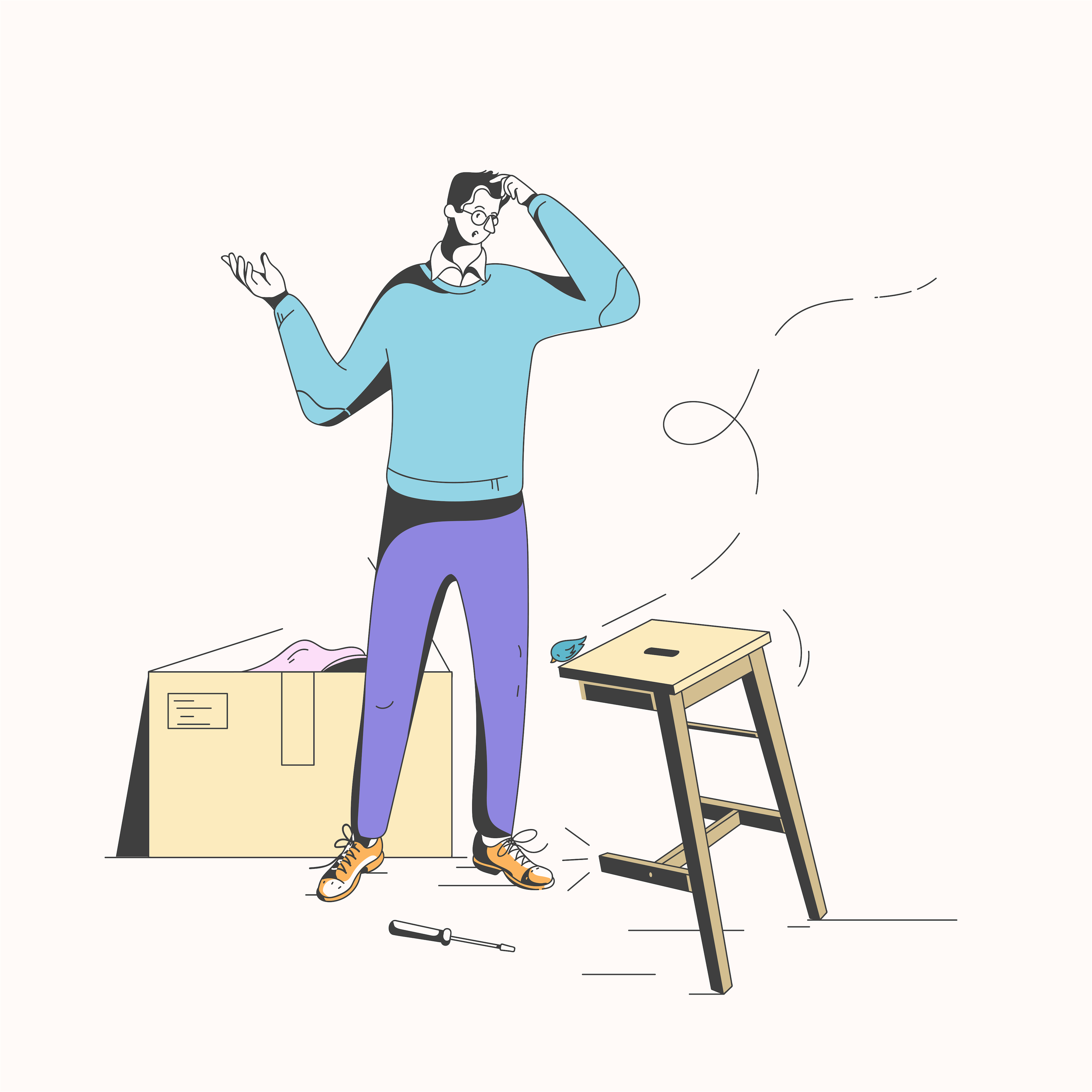Illustration of a confused man attempting to assemble furniture, with a stool and tools scattered around.
