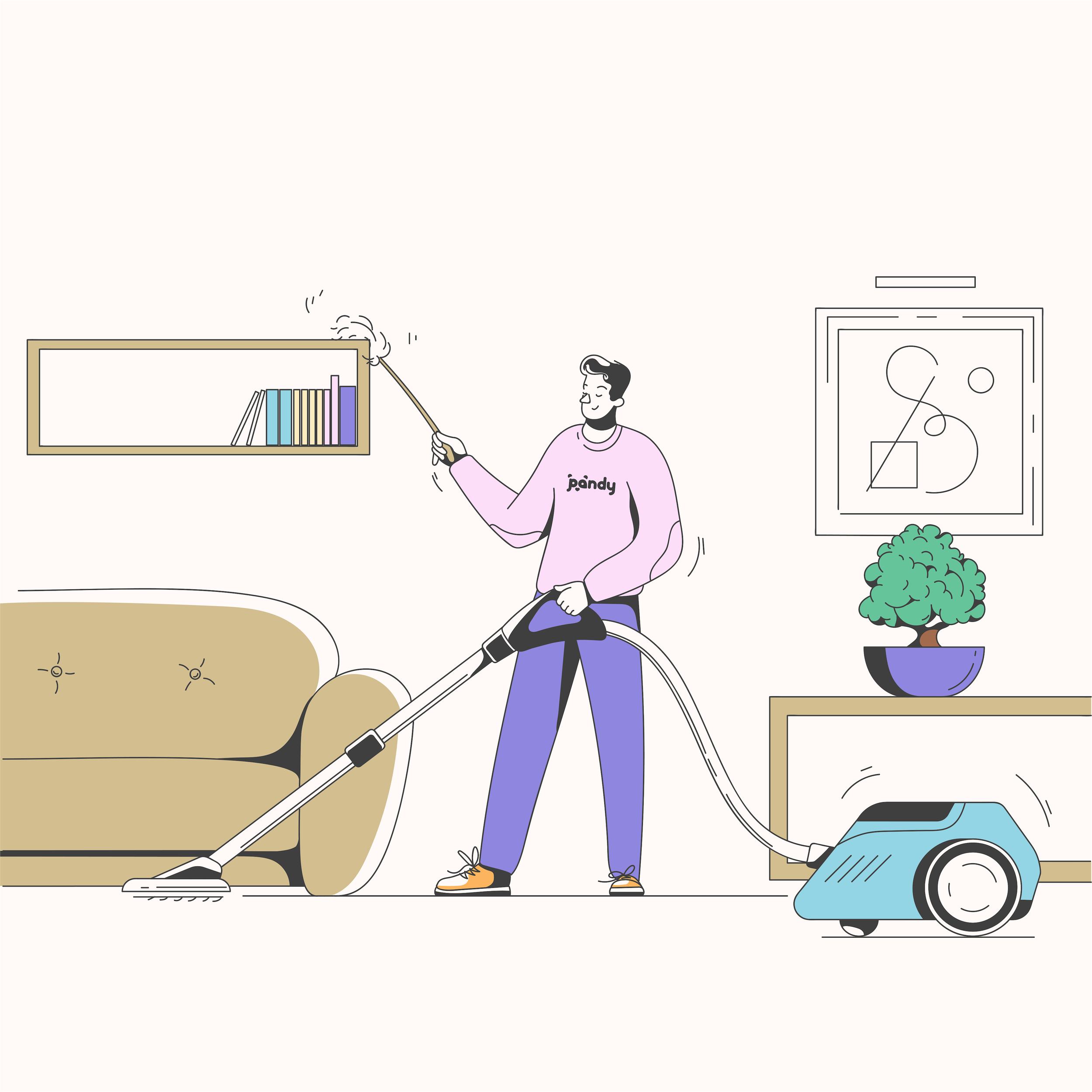 Illustration of a person vacuuming a living room while dusting a bookshelf, with a couch and plant in the background.