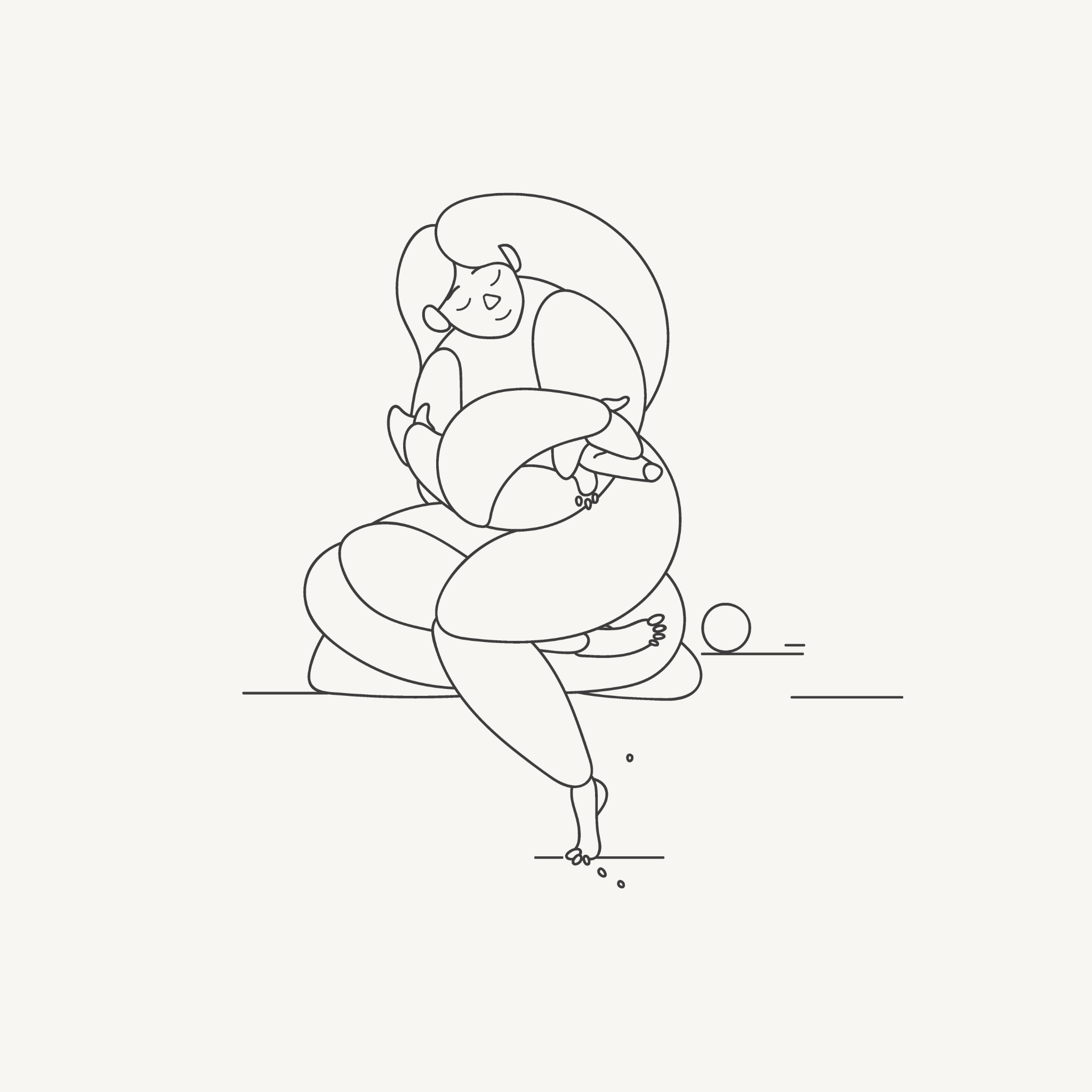 Minimalist line drawing of a person sitting on the ground, cradling a cat in their arms.