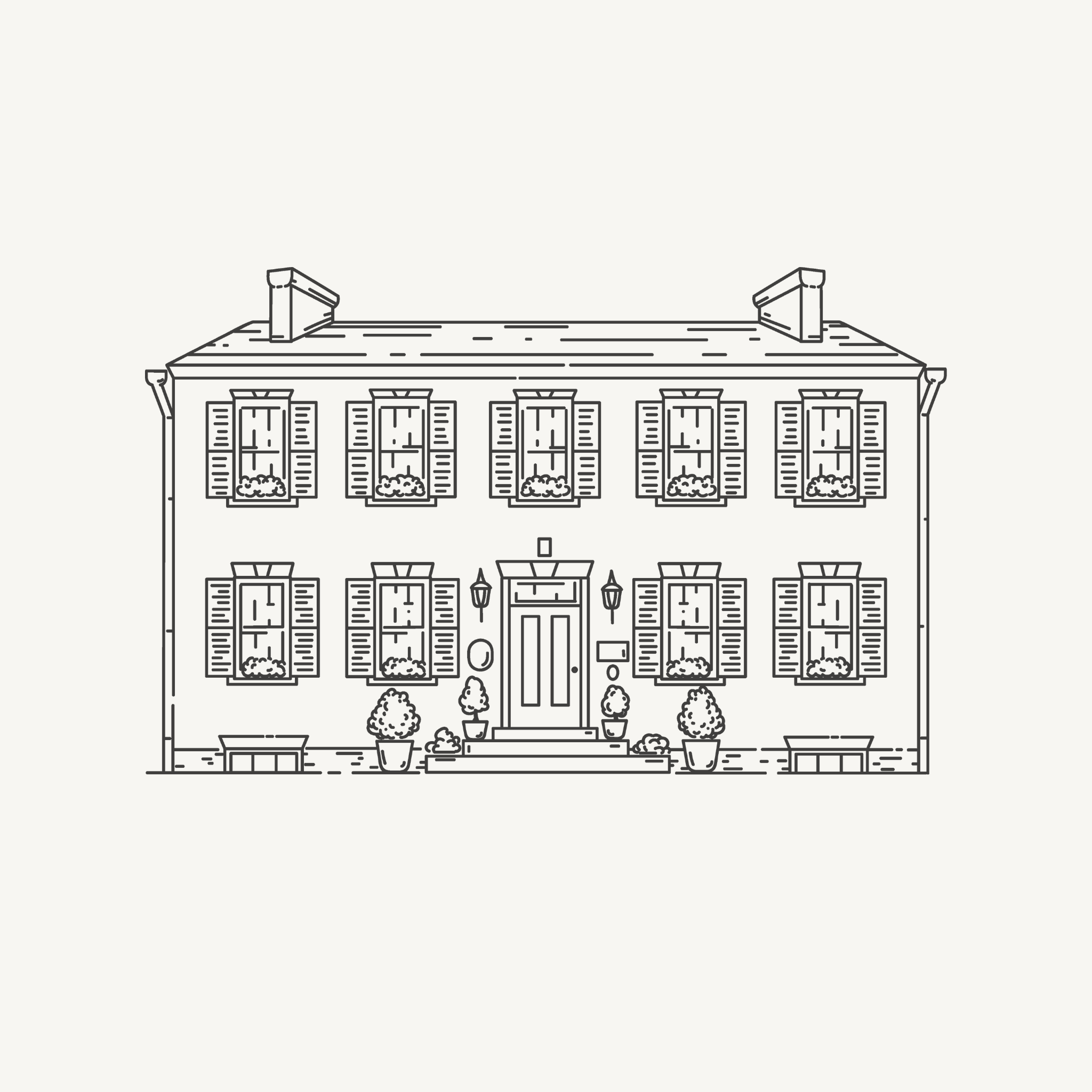Illustration of a classic two-story house with symmetrical windows, shutters, and a central front door. The facade has decorative trim, potted plants, and lantern-style lights flanking the entrance.