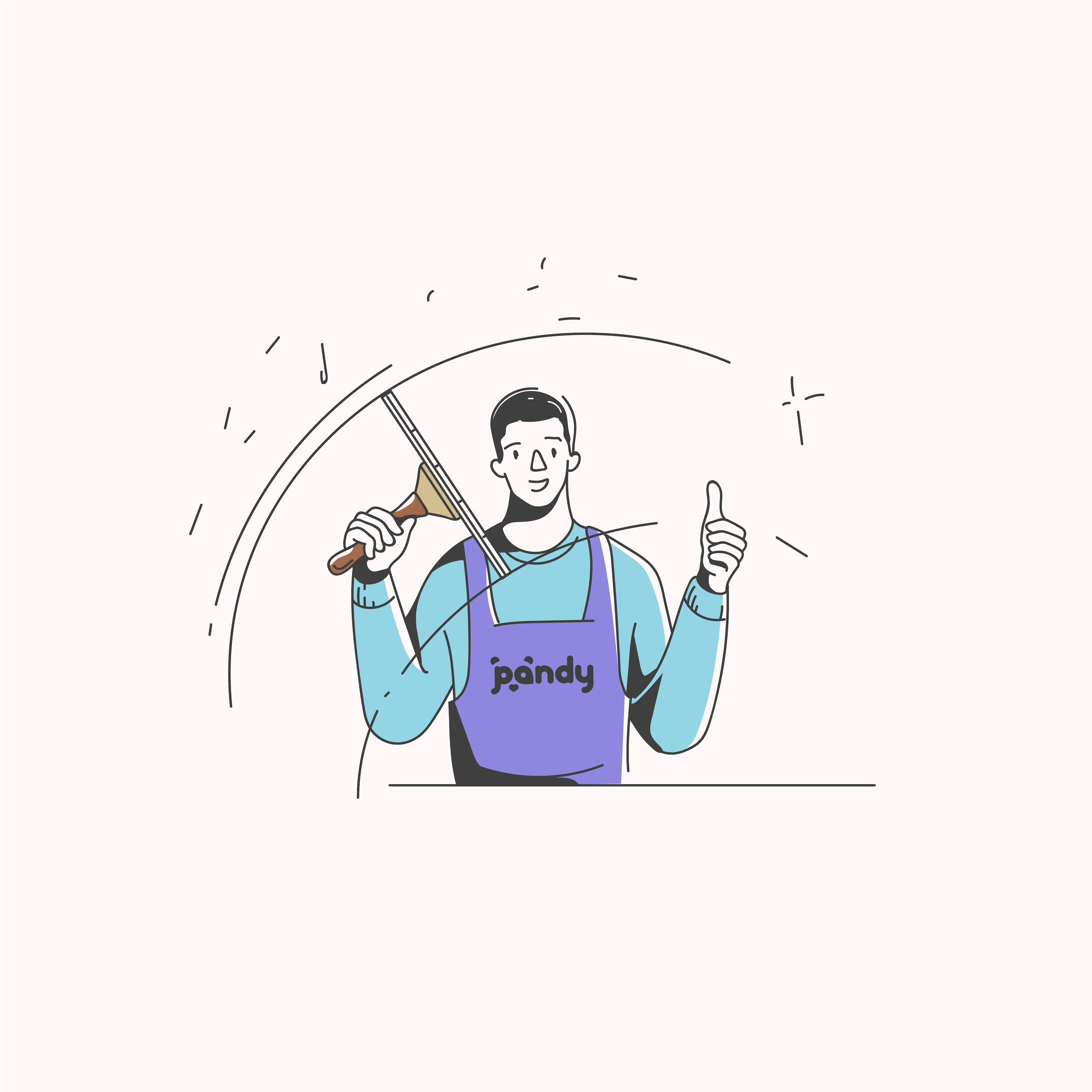 Illustration of a person wearing a "pandy" apron, holding a squeegee, and giving a thumbs-up.