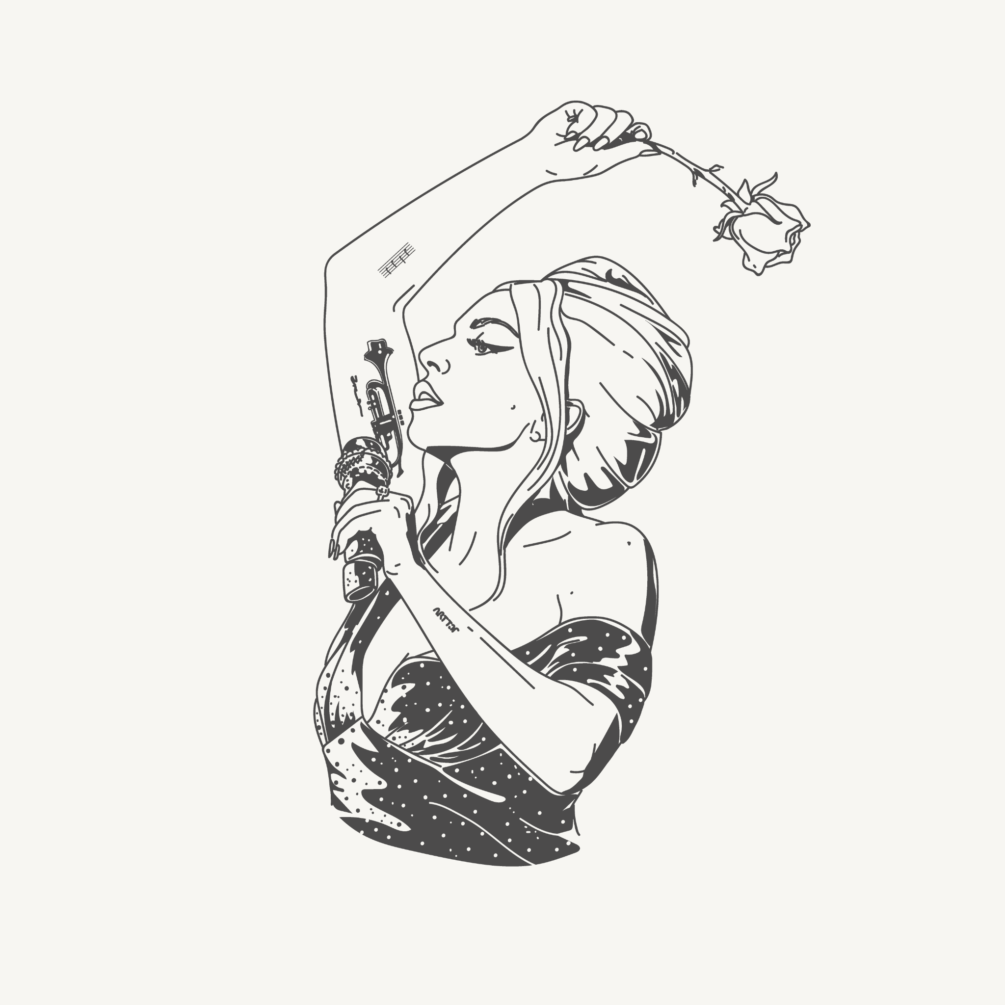 Black and white illustration of a woman with a hair updo, holding a vintage microphone in one hand and a single rose in the other.