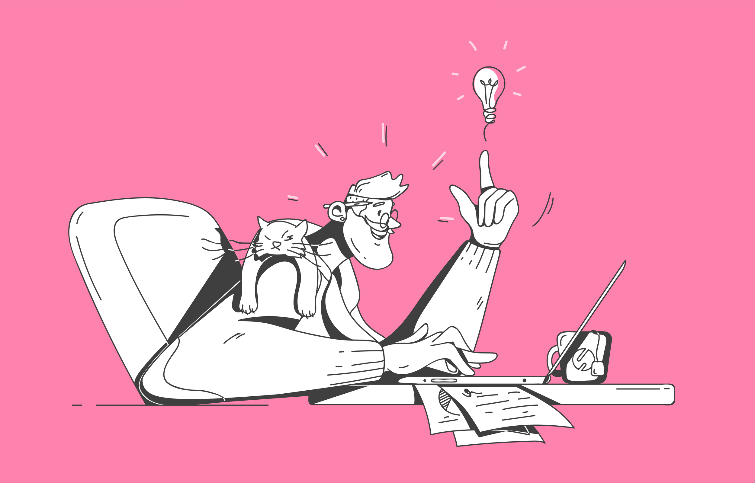 Cartoon of a person working at a desk with a cat on their back, pointing at a light bulb.