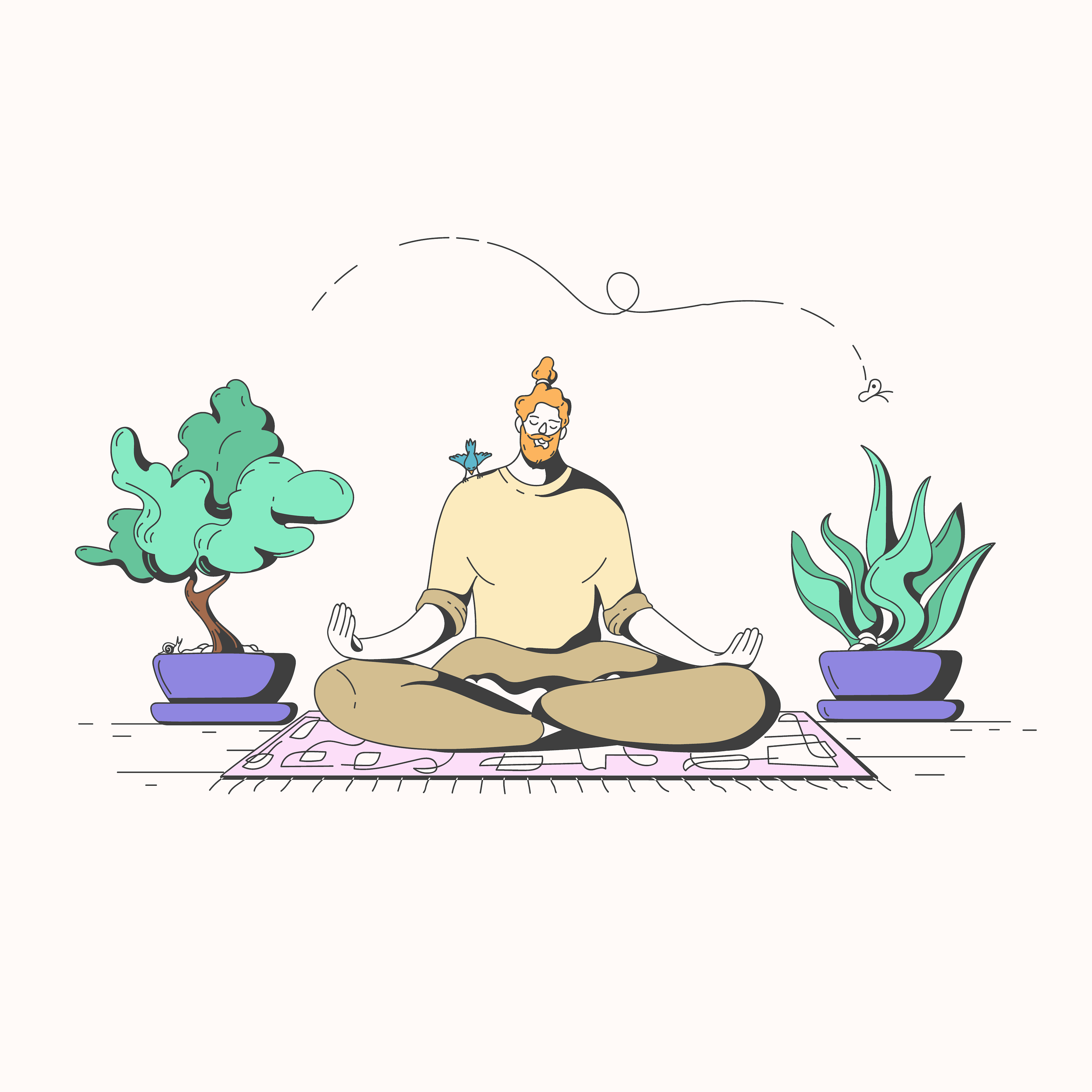 Illustration of a person meditating in a cross-legged position, surrounded by potted plants and a bird on their shoulder.