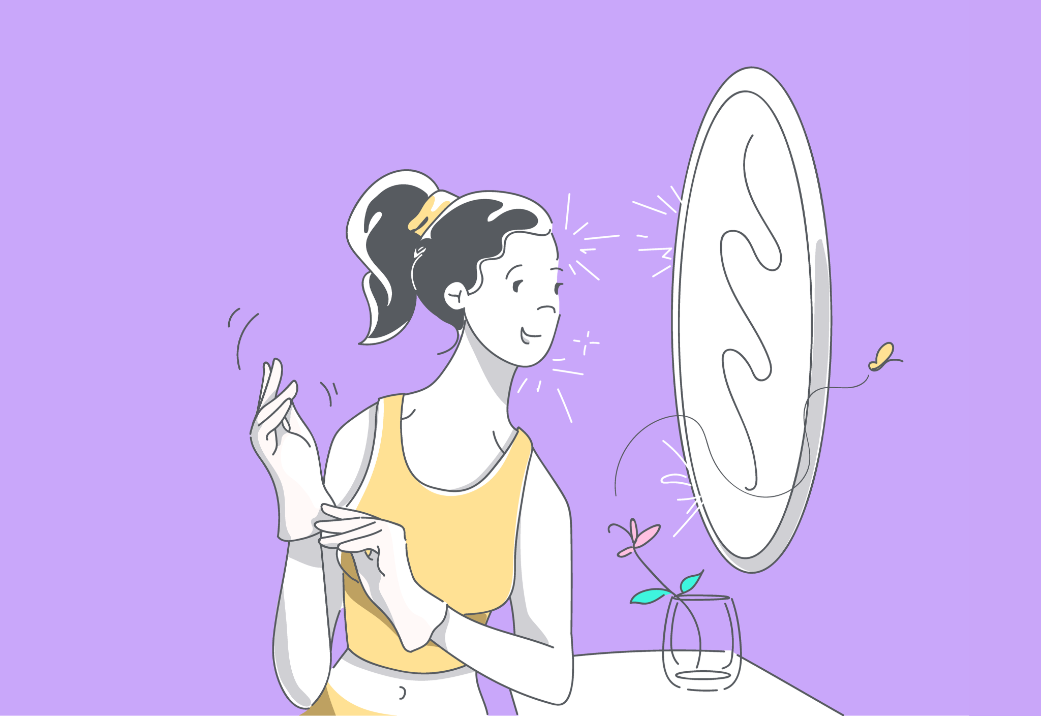 Illustration of a woman with a ponytail in a yellow top looking into an abstract mirror on a purple background, with a small plant in a glass vase and a butterfly nearby.