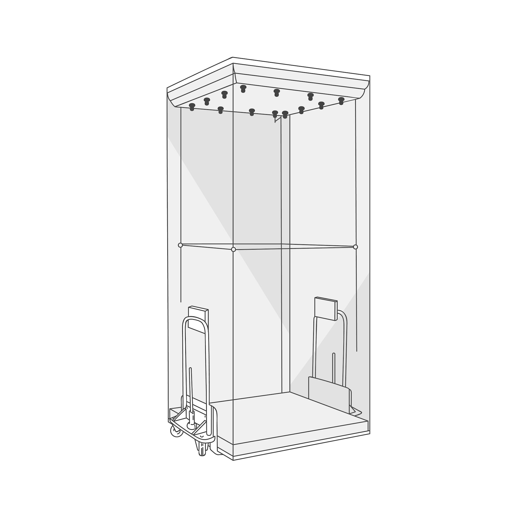 Illustration of a shower enclosure with multiple showerheads and a handle