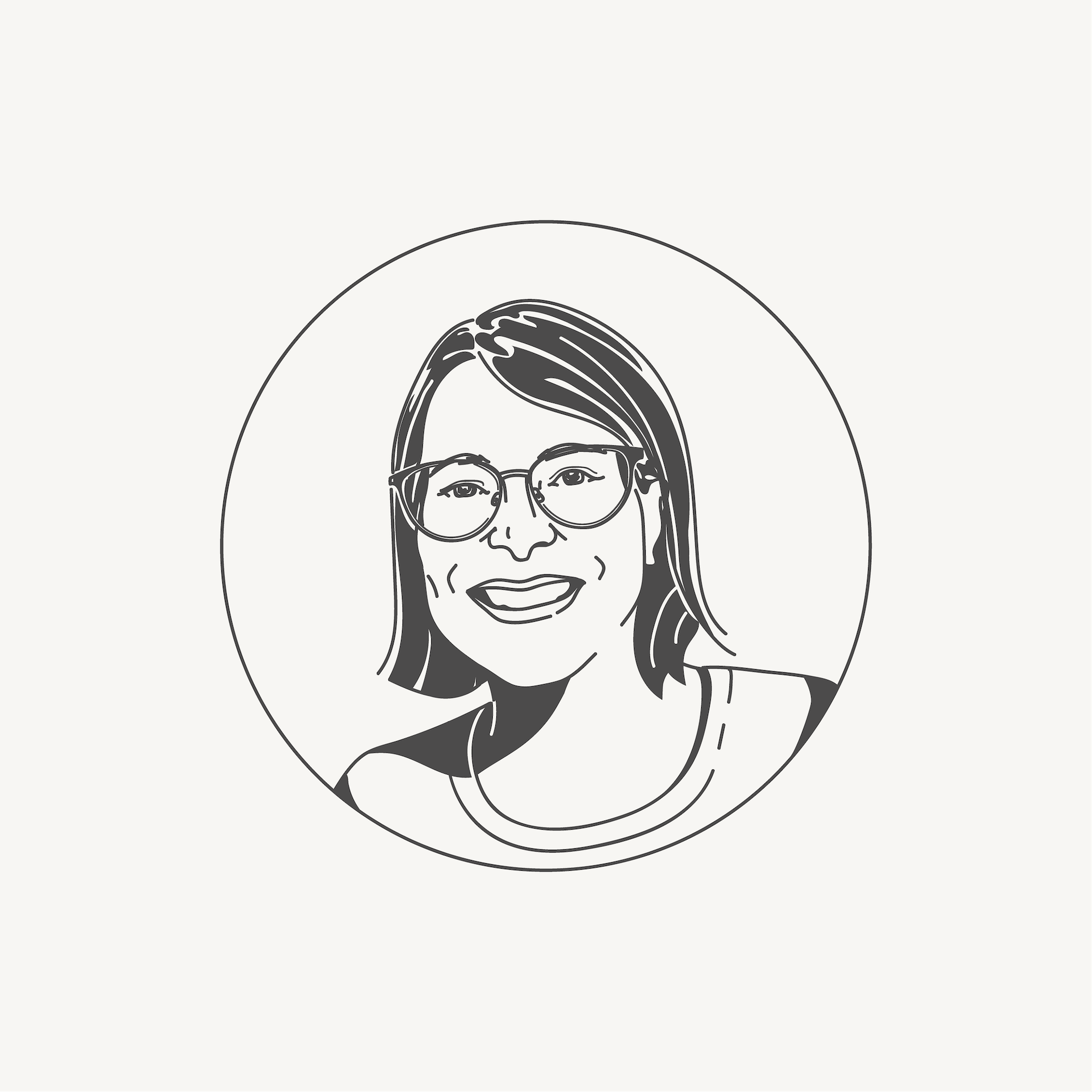 Black and white illustration of a smiling person with glasses in a circular frame.