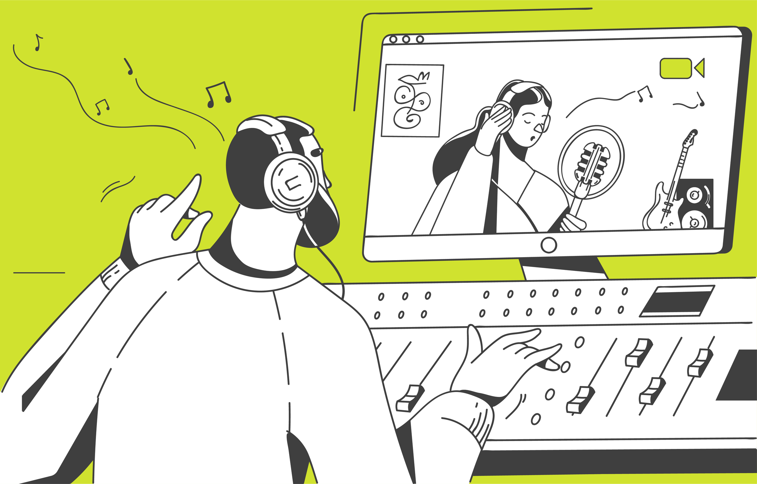 Illustration of a music producer using a mixing console while video chatting with a singer in a recording booth