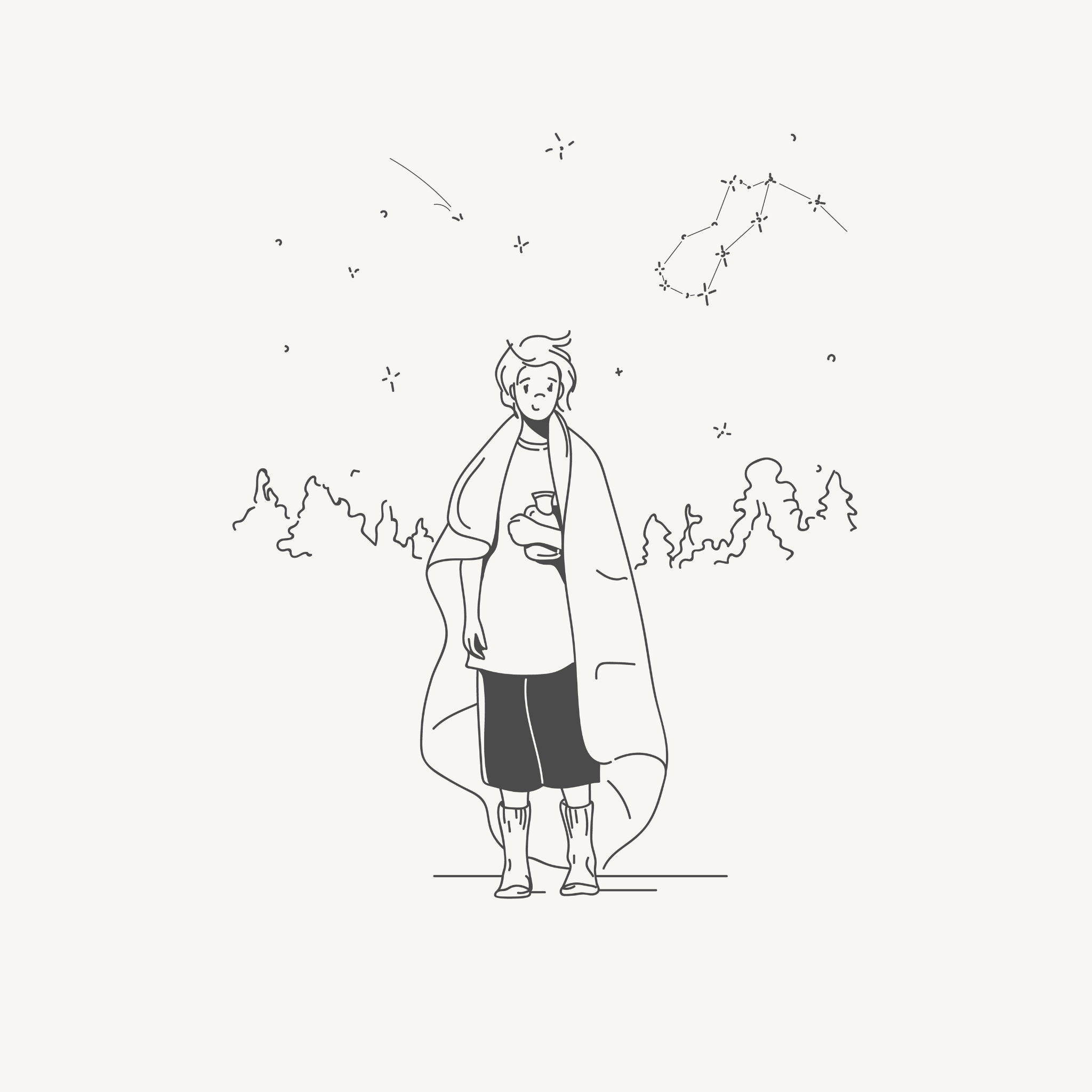 Illustration of a person wrapped in a blanket holding a mug, standing outside at night under a starry sky with visible constellations and trees in the background.