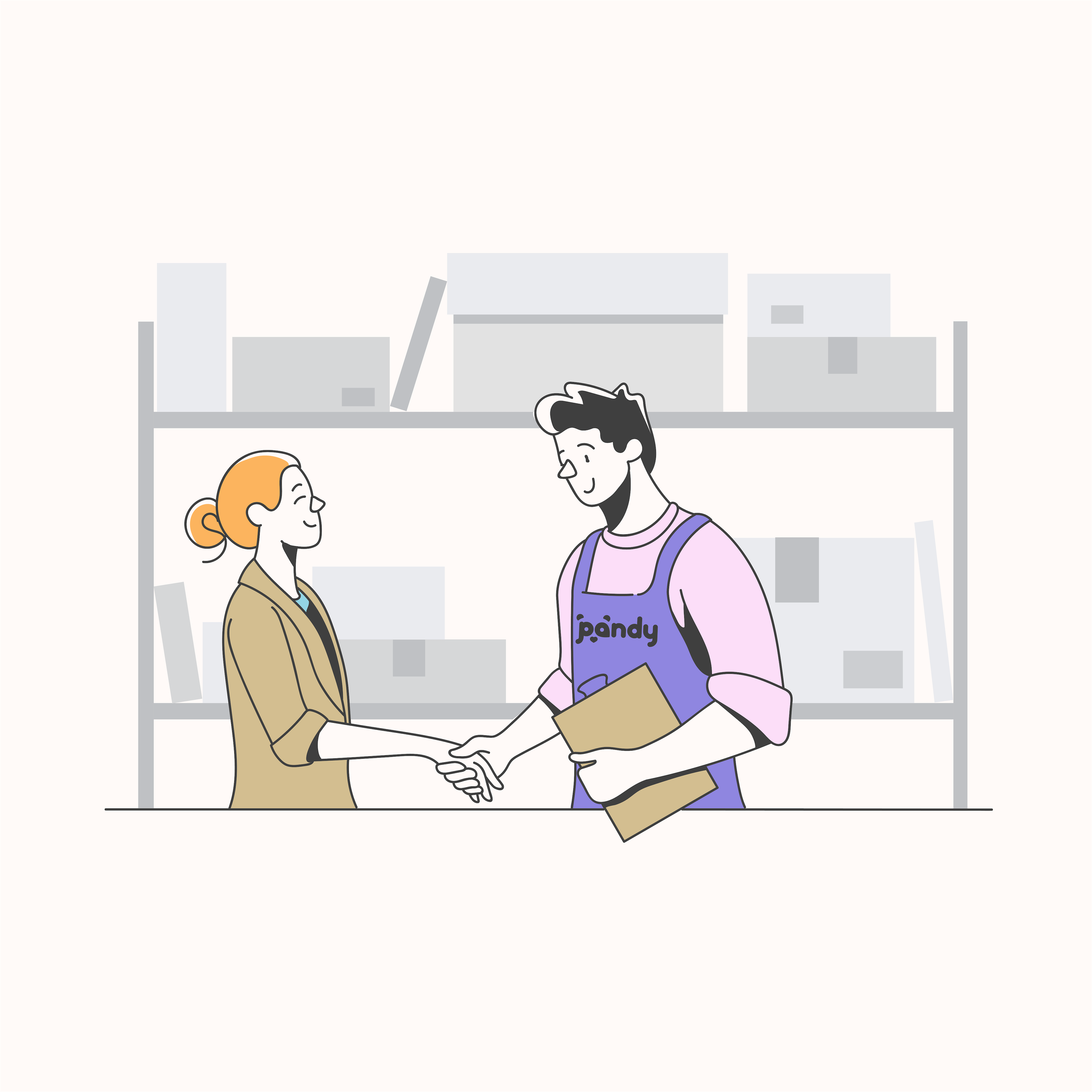 Illustration of a woman and a man shaking hands in a warehouse setting. The woman has red hair and wears a brown jacket, while the man is in a purple apron with a clipboard. Shelves with boxes are in the background.
