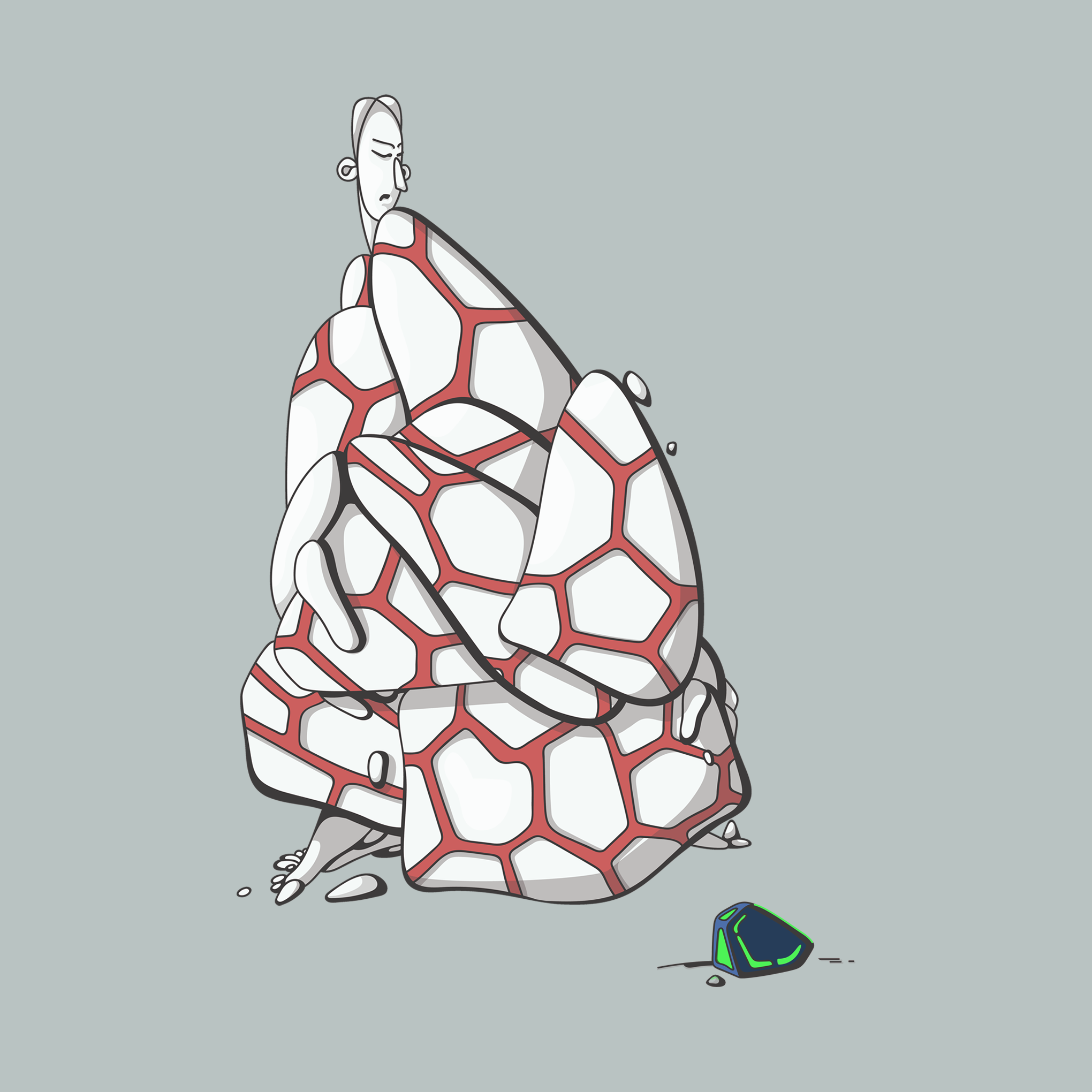 Abstract art of a person made of geometric shapes with a small green and blue object on the ground.