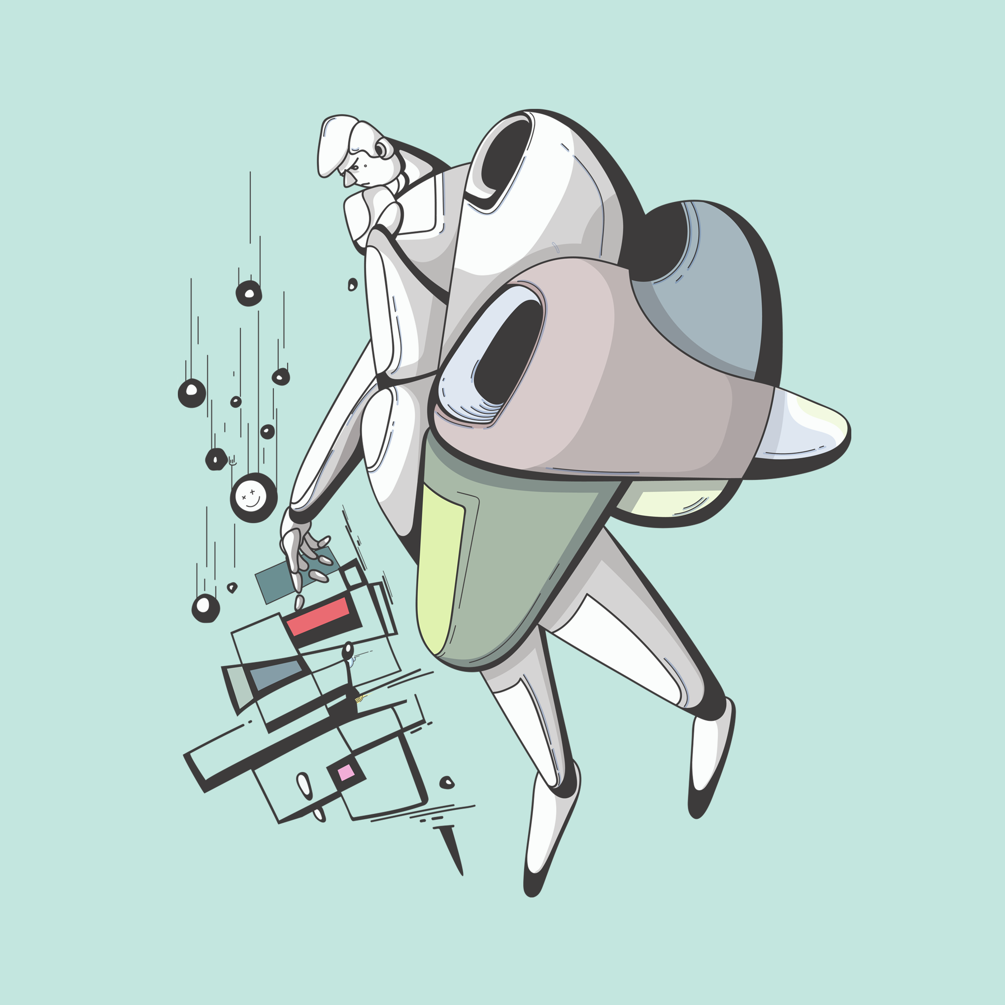 Abstract illustration of a humanoid figure wearing a futuristic jetpack-like device, with geometric shapes and circles in the background on a light blue backdrop.