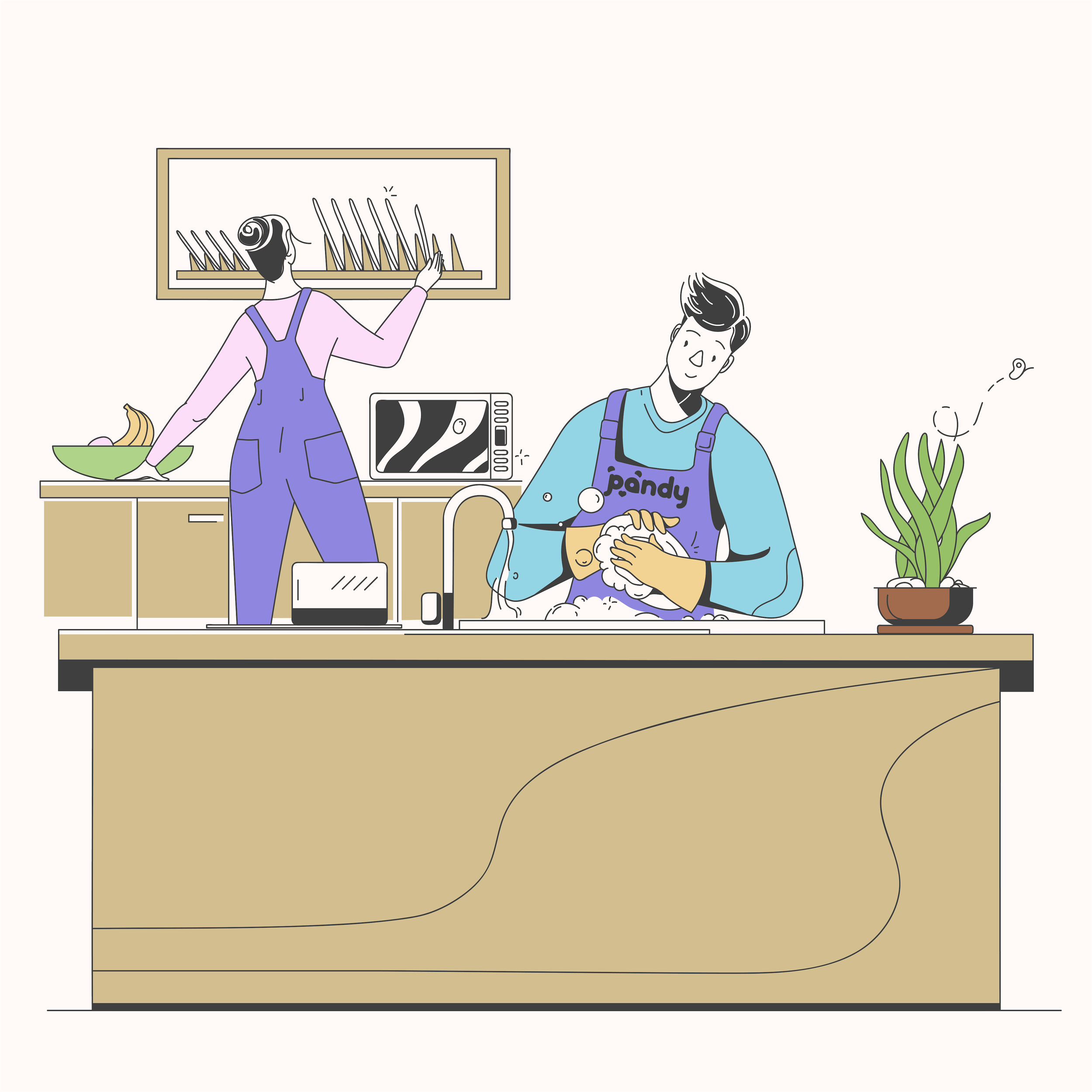 Illustration of two people in a kitchen, one washing dishes and wearing gloves, the other placing a bowl of fruit on the counter. A microwave and a small plant are visible.