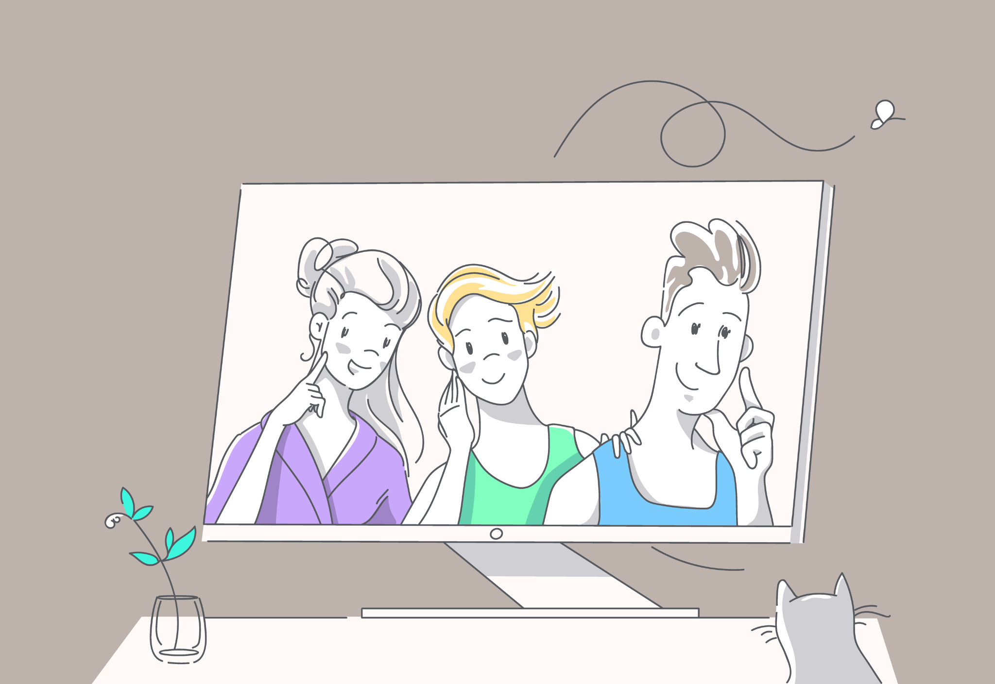 Illustration of three smiling people on a screen, observed by a cat. A plant and a small flying insect are also present.