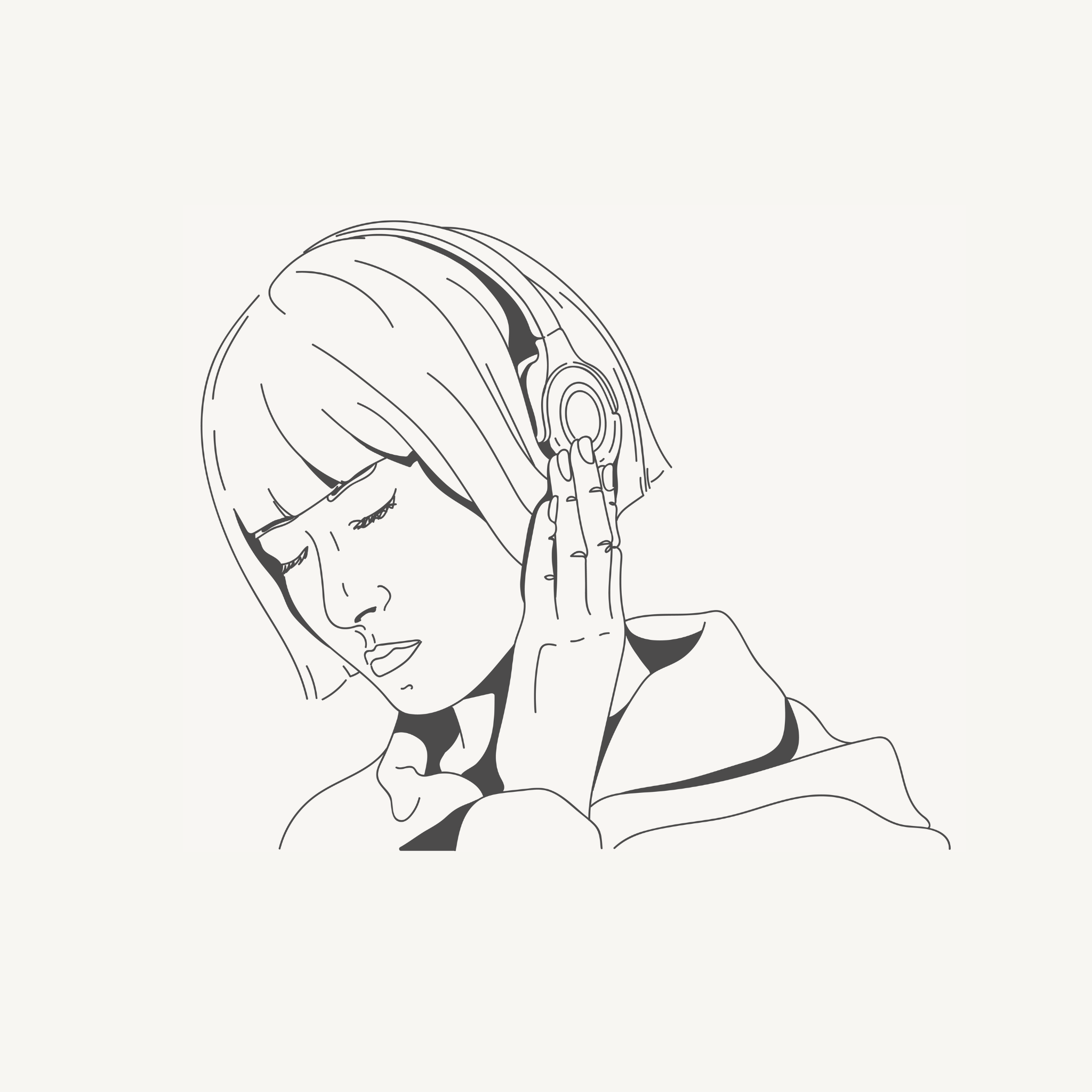Illustration of a person with short hair wearing headphones, eyes closed, hand on the ear cup, appears to be listening to music.