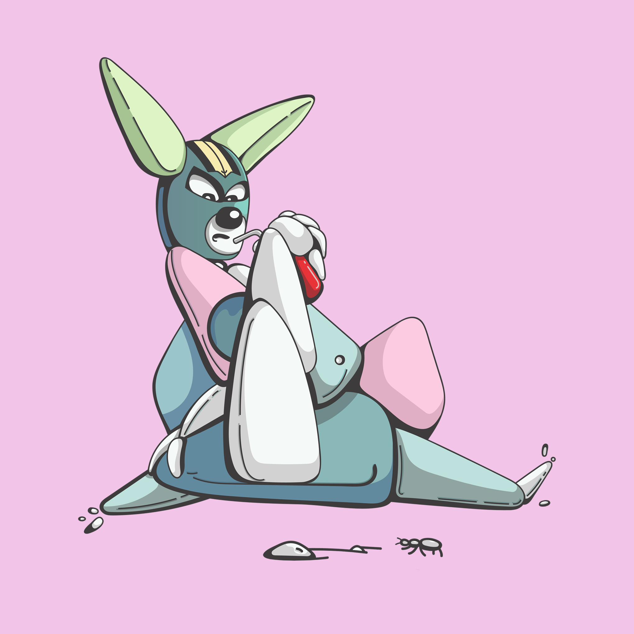Cartoon kangaroo-like character playing handheld game, pink background, small black spider nearby