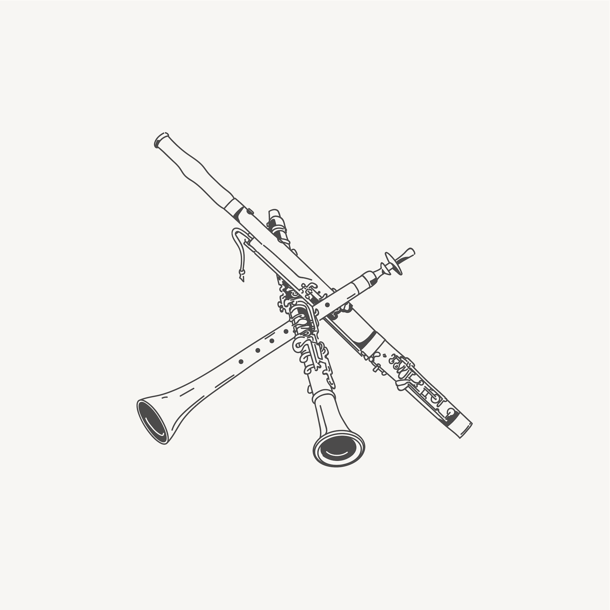 Illustration of three intersecting clarinets in a symmetrical pattern on a white background.