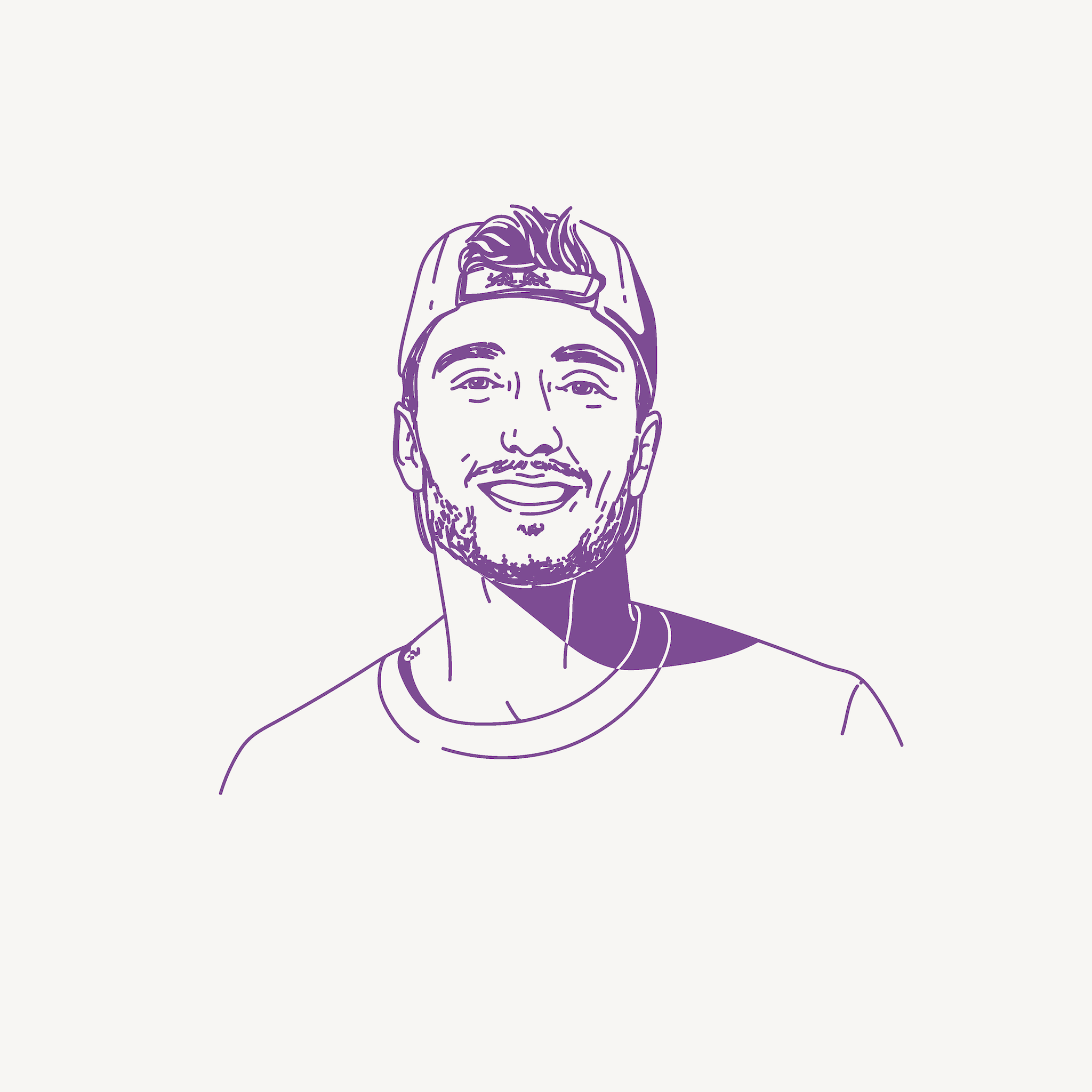 Illustration of a smiling man wearing a backward baseball cap and a T-shirt.