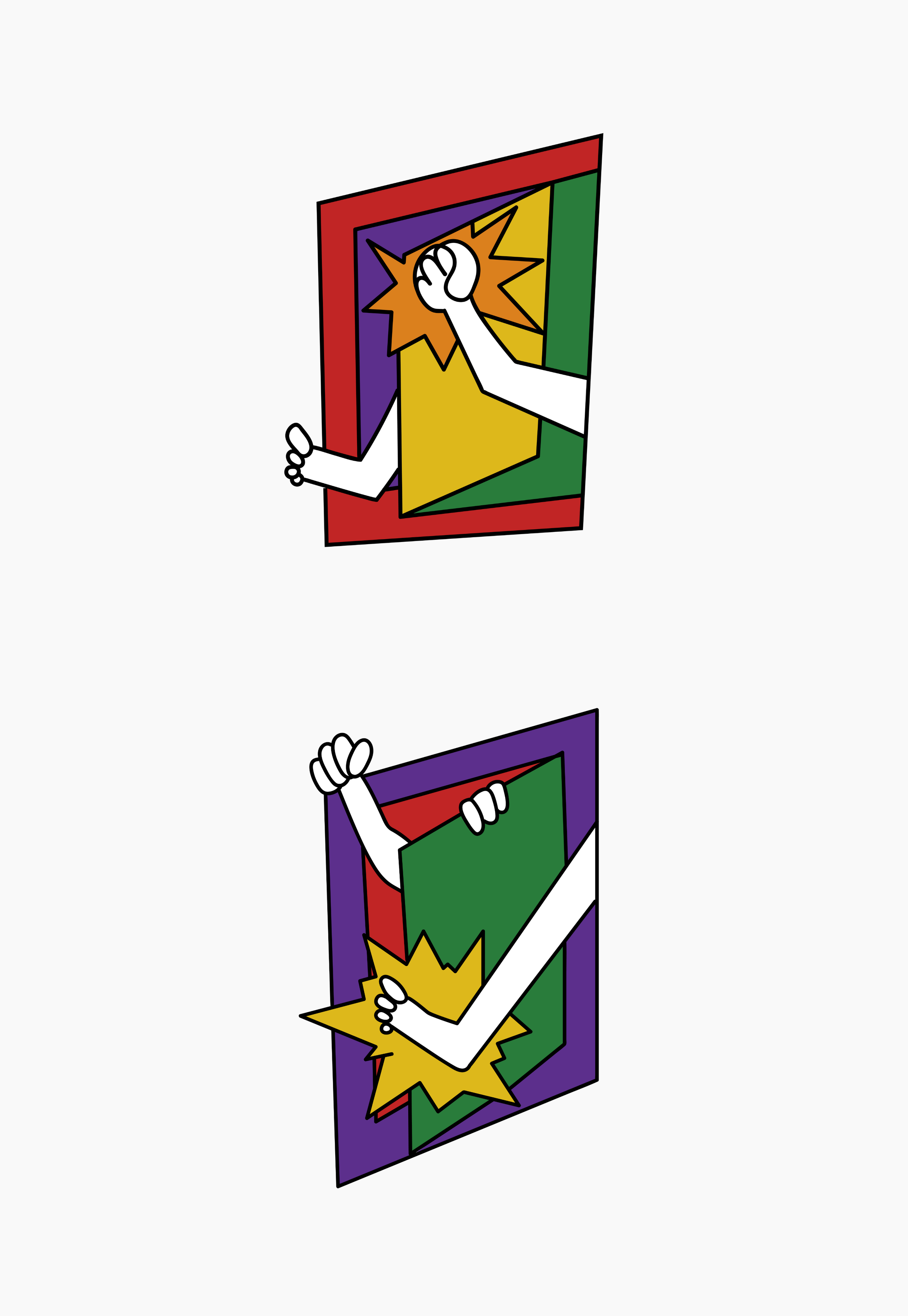 Illustration of cartoon hands punching through colorful frames with comic-style explosion effects.