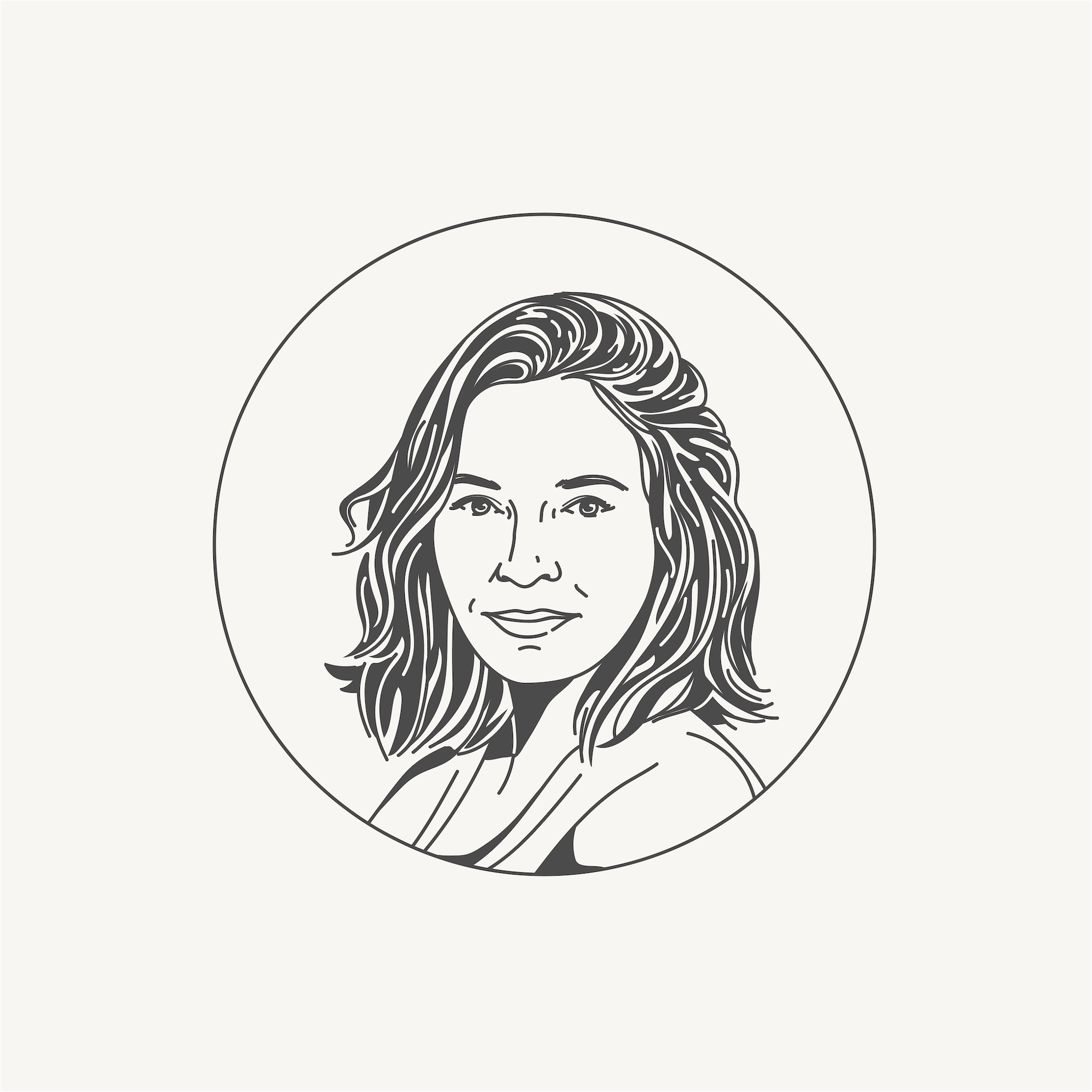 Illustrated portrait of a woman with shoulder-length hair inside a circle.