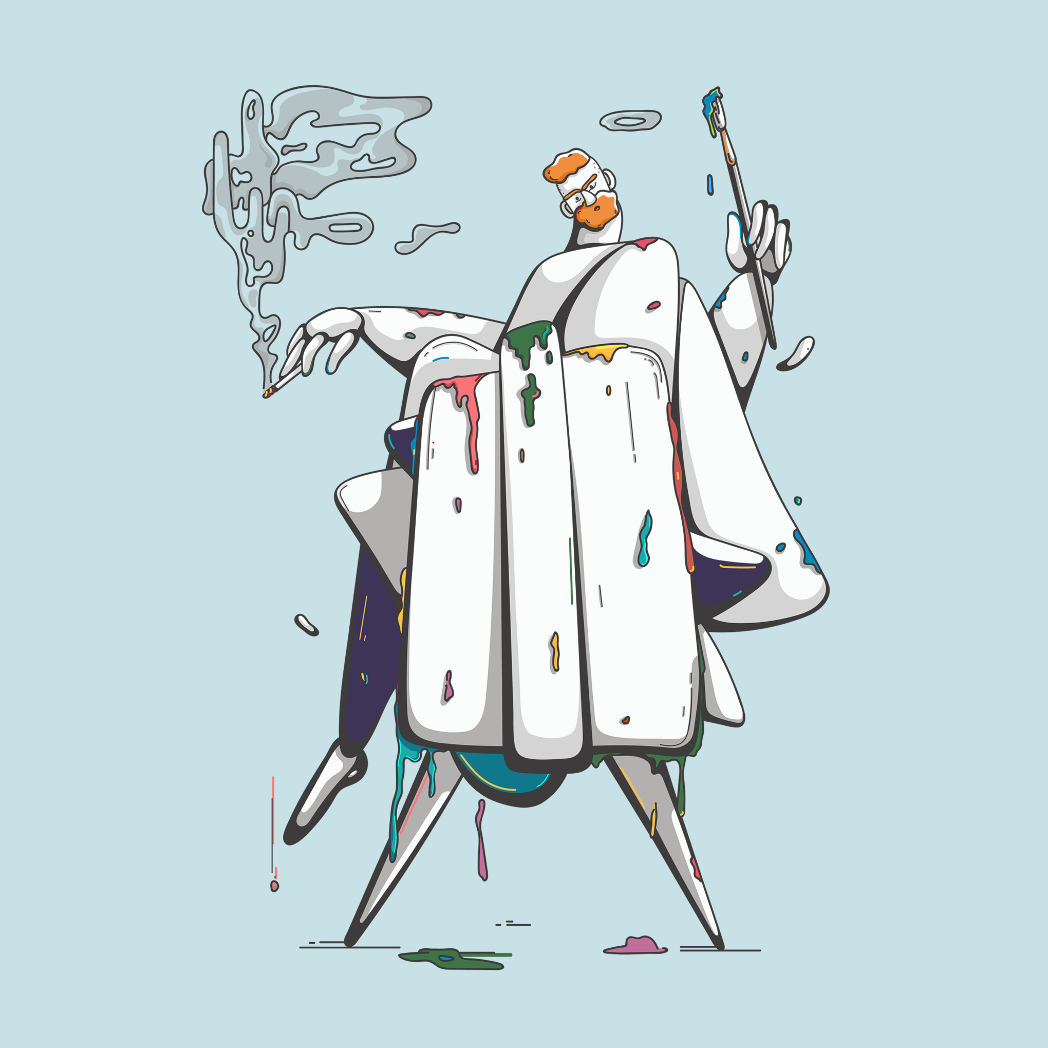 Abstract illustration of a person in a painter's coat sitting on a stool. The coat and canvas are covered in multicolored paint splashes. The person holds a paintbrush in one hand and a cigarette in the other, with smoke forming abstract shapes.