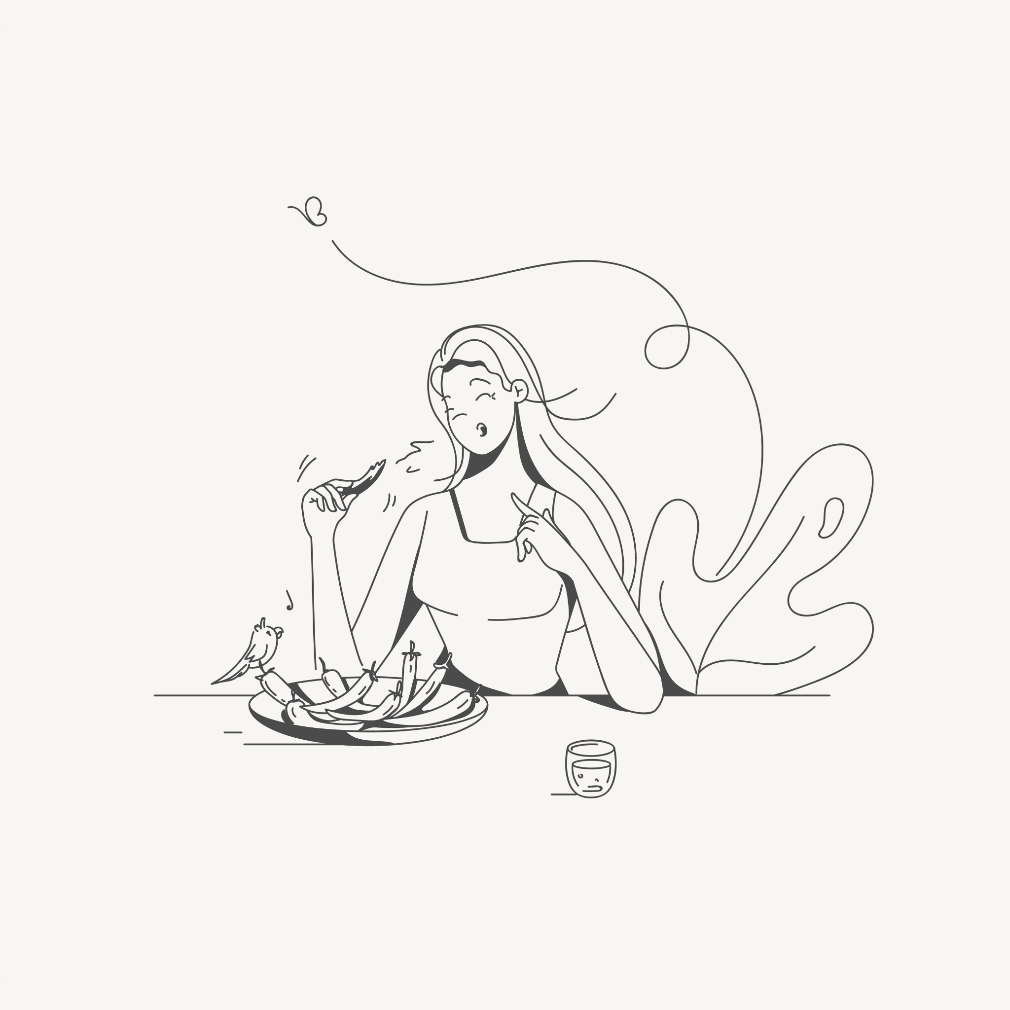 Sketch of a woman eating bananas from a plate, with a small bird nearby.