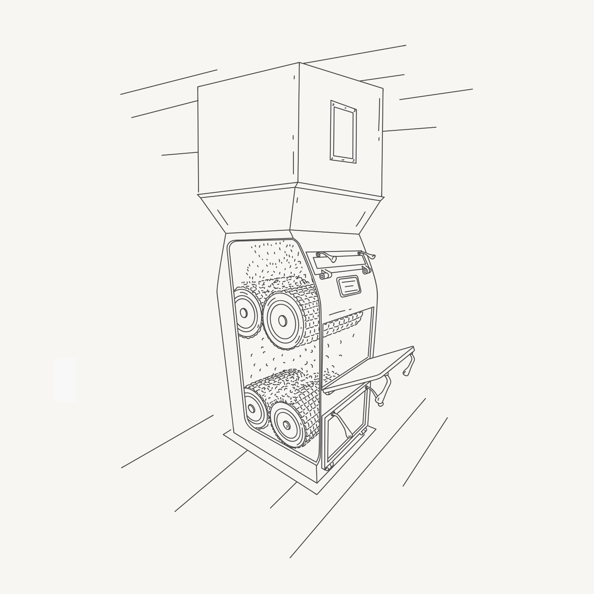 Line drawing of an industrial milling machine with rollers and a hopper.