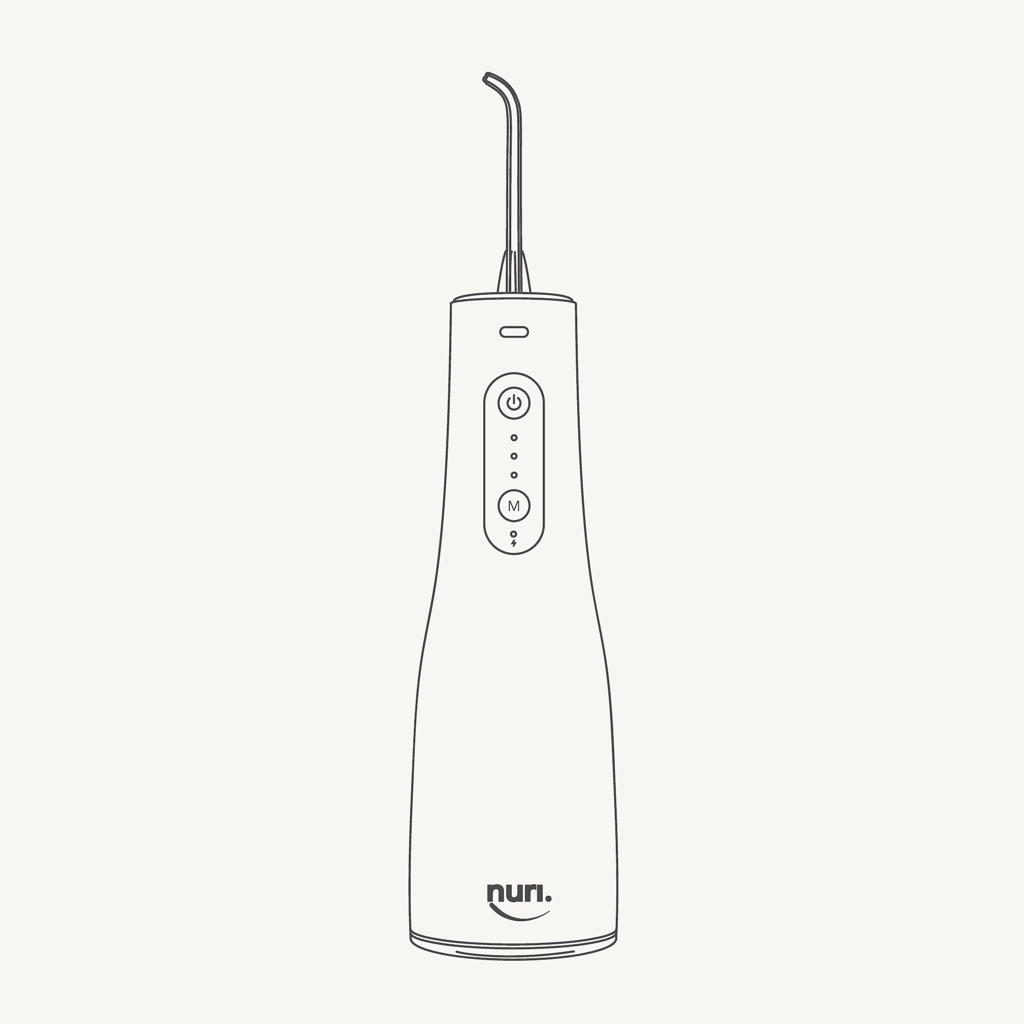 Line drawing of an electric water flosser with power and mode buttons, and brand name 'nuri' at the bottom.
