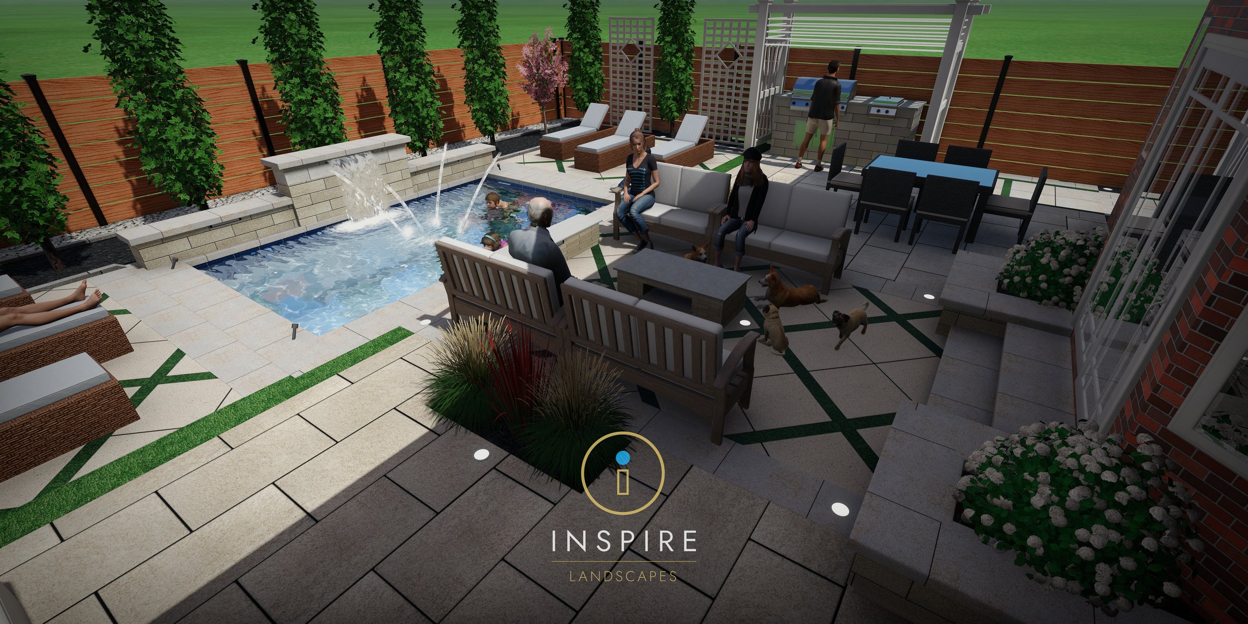Backyard patio with a small pool and fountain, surrounded by lounging chairs, plants, and people sitting. There’s a grill area and seating, with dogs on the patio.