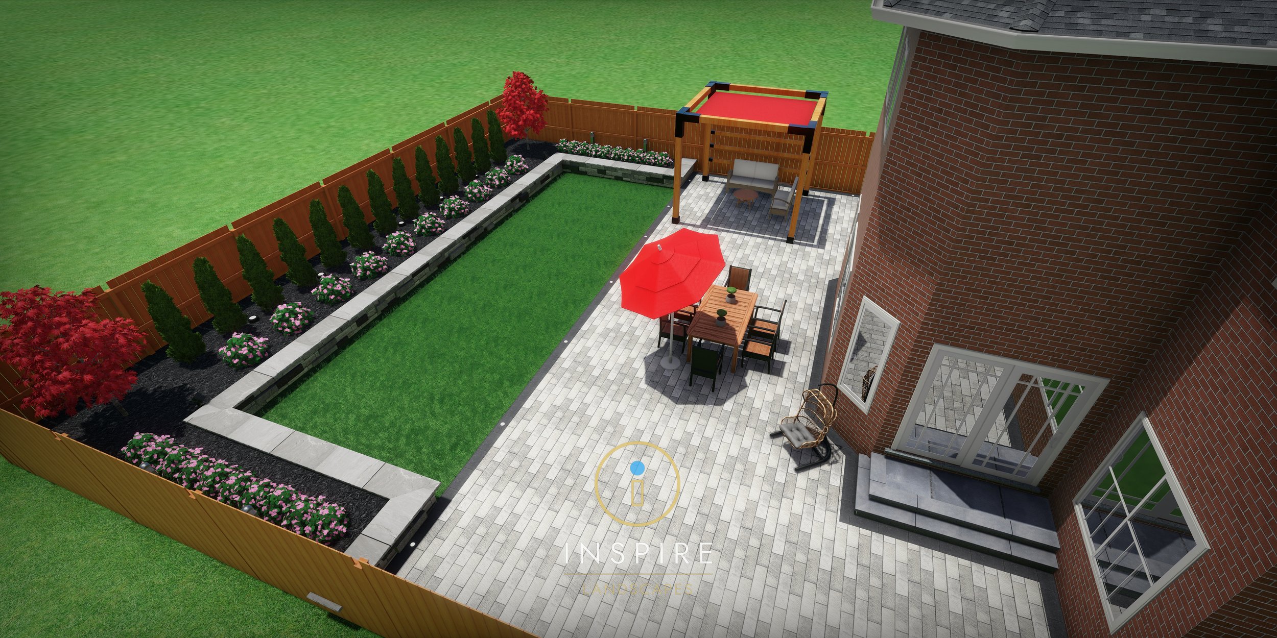 Backyard design with brick house, patio, red umbrella over a dining table, wooden pergola with seating area, grass lawn, landscaped flower beds, and wooden fence.