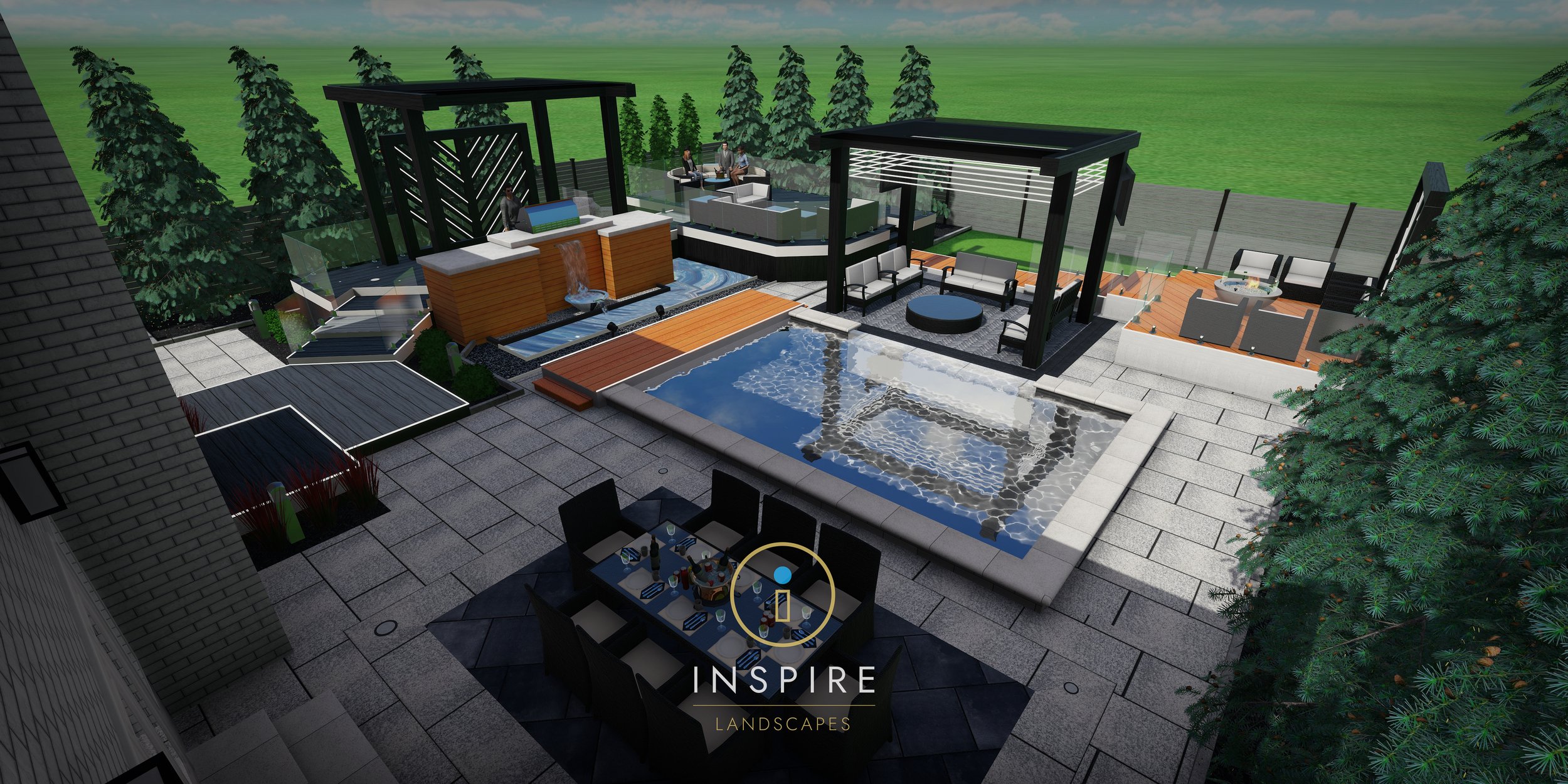 Modern backyard landscape design with a pool, seating area, dining table, pergolas, and trees, featuring a logo "Inspire Landscapes."