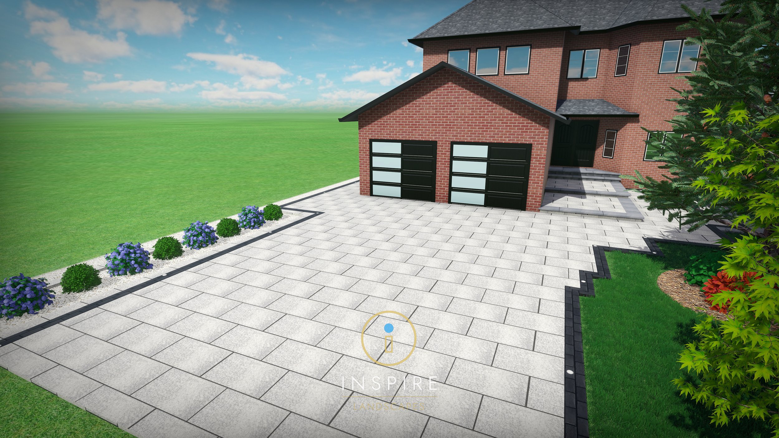 Modern house with red brick exterior, large double garage, paved driveway, and landscaped garden with bushes and trees.