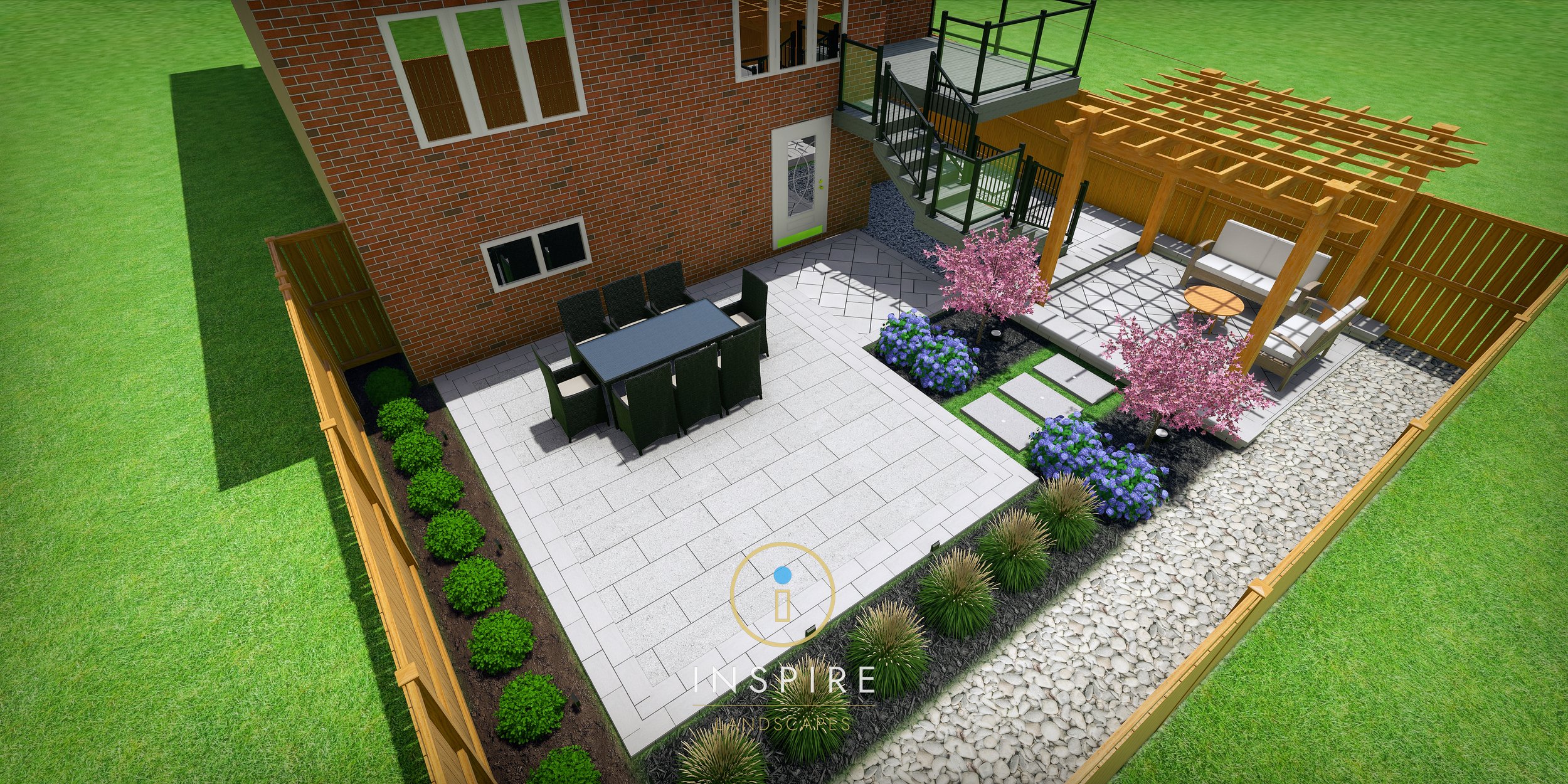 3D rendering of a landscaped backyard with a patio, dining table, pergola, and seating area. The space includes a brick building, grassy lawn, wooden fencing, and various plants and flowers. A paved walkway and gravel path are also visible.