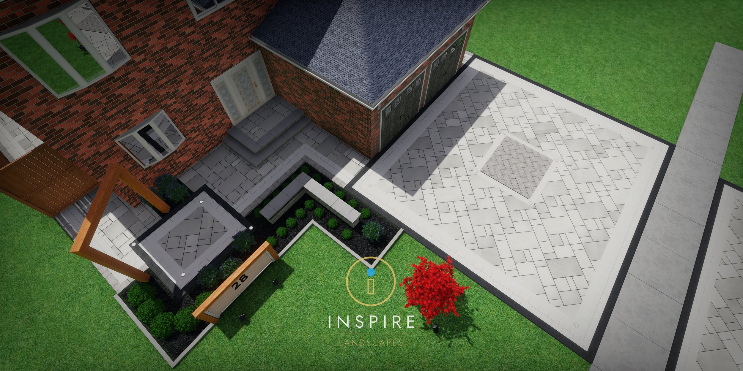 Aerial view of a residential landscape design featuring a brick house, paved walkways, a patio area, and decorative plantings. There's a red-leafed tree, a wooden structure near the entrance, and an arrangement of shrubs. The image includes the "Insp