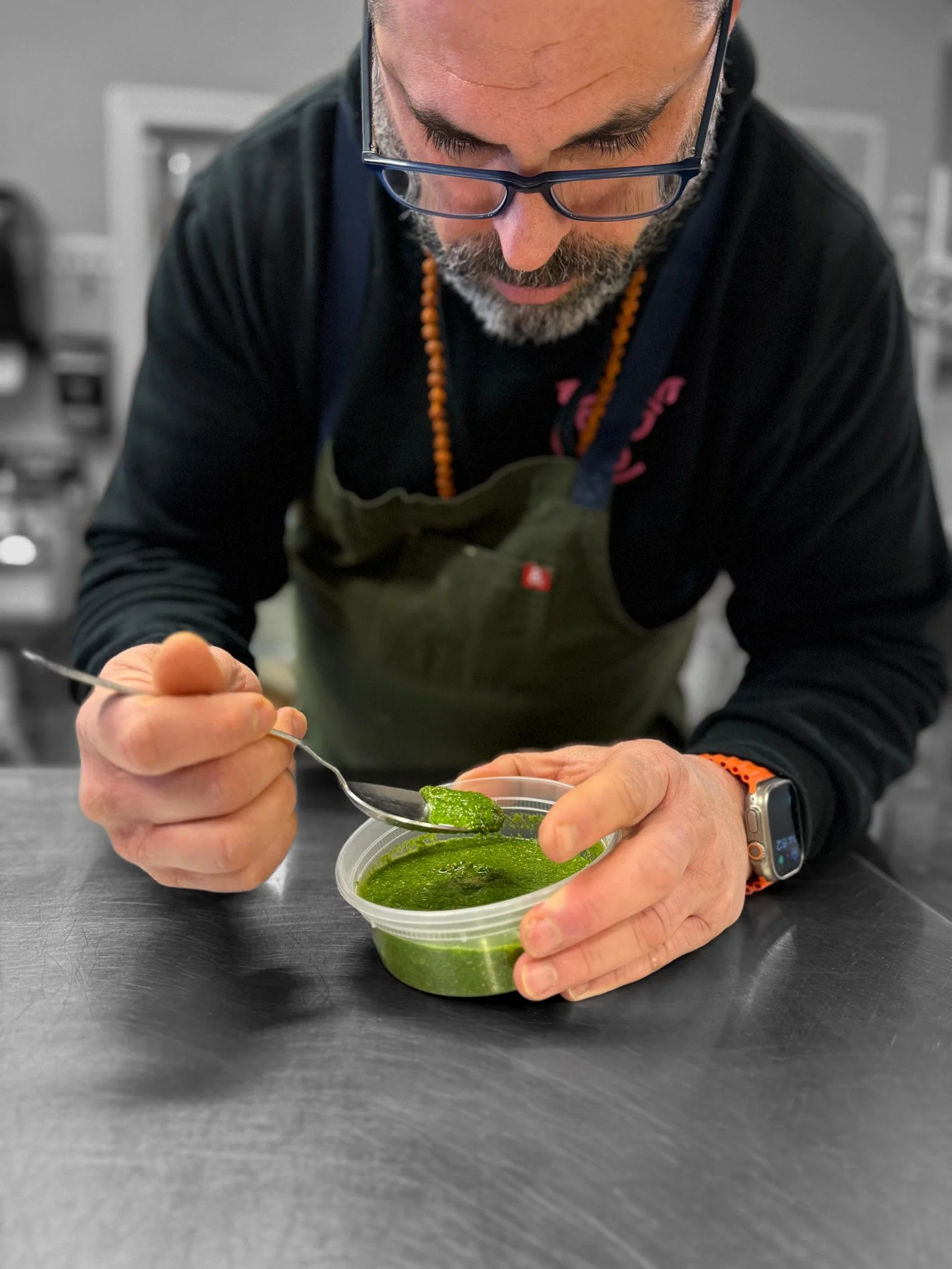 Chef Jeffrey is always a constant student. Learning how to make green chutney.
