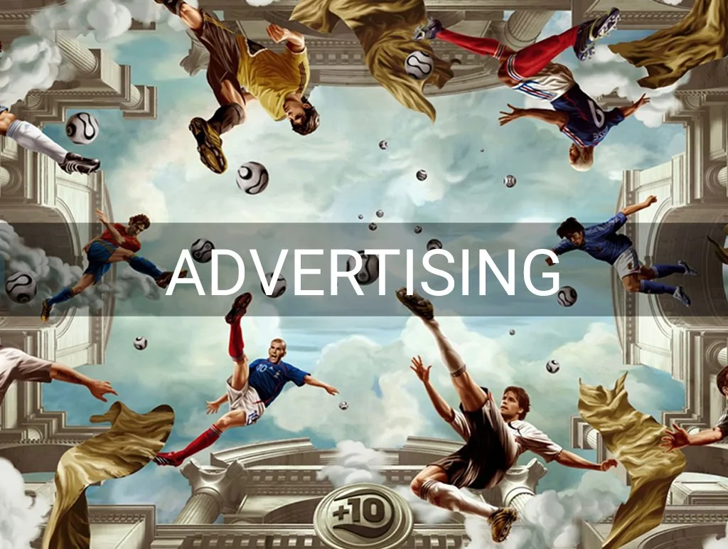 Digitale Kunst mit Fußballspielern in dynamischen Posen auf einem himmlischen Hintergrund, umgeben von Wolken und klassischen Architekturdetails. Das Wort "ADVERTISING" ist über das Bild gelegt.