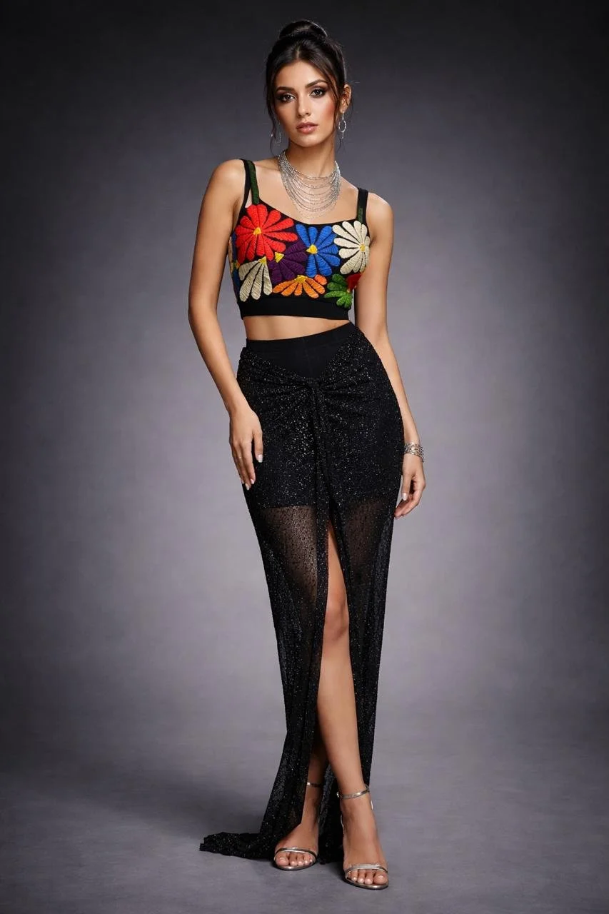 Black Sheer Drape Skirt with Floral Top