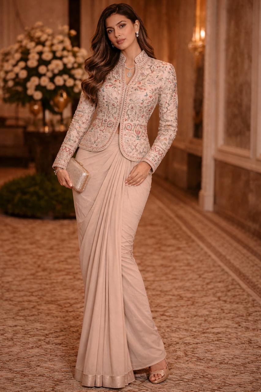 Nude Embroidered Jacket Drape Set