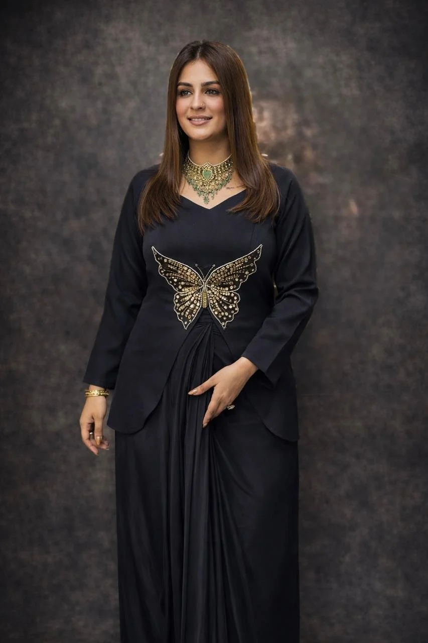 Black Embellished Top & Drape Set