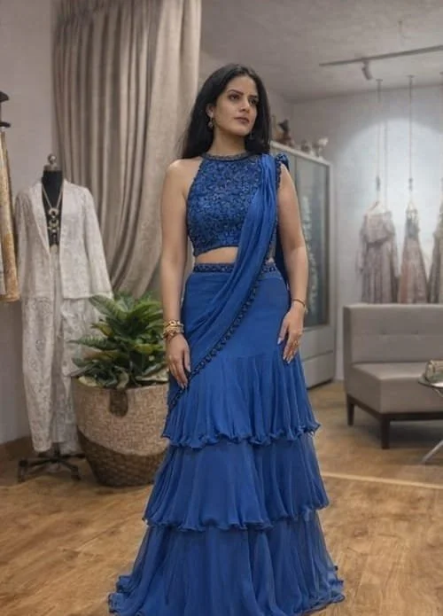 Royal Blue Draped Ruffle Saree