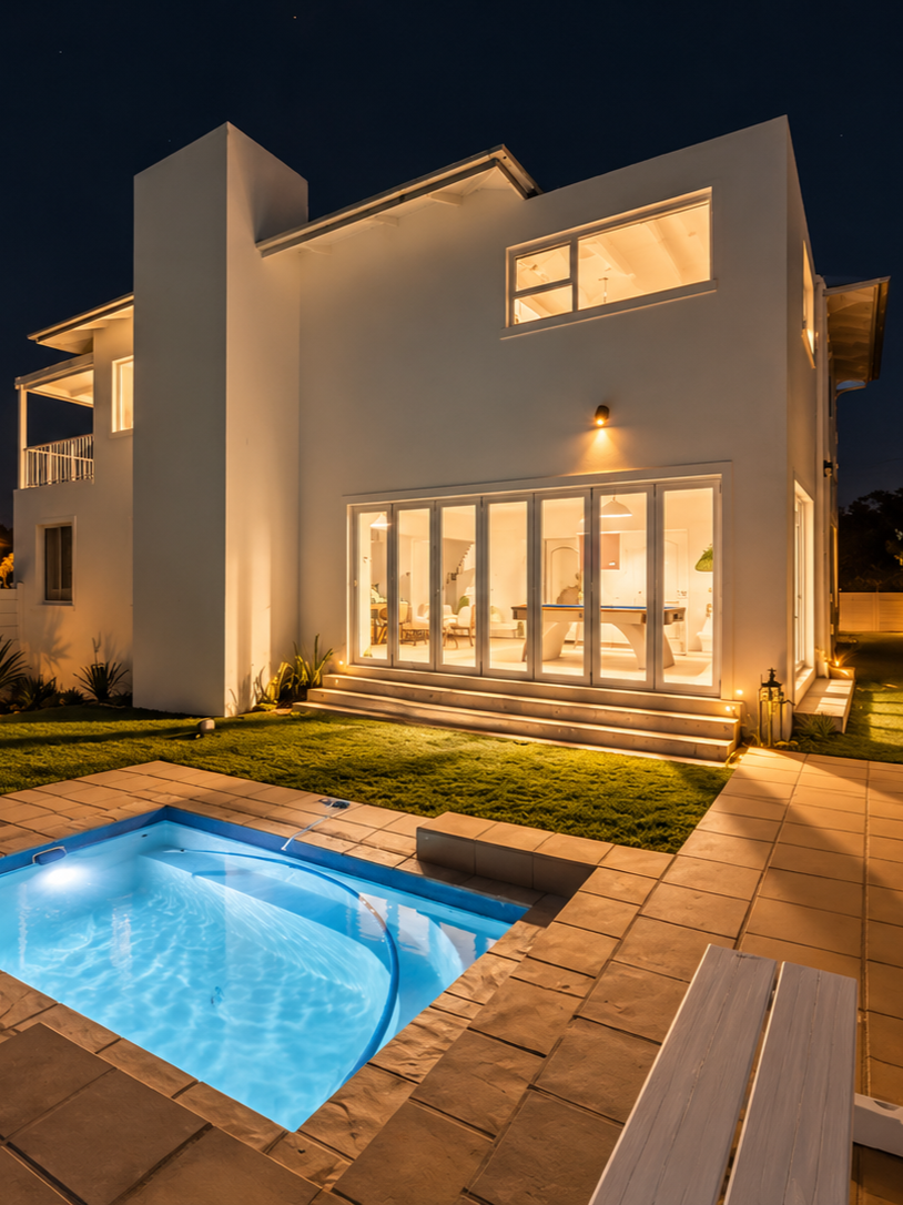 Illuminated private pool beside the villa at night