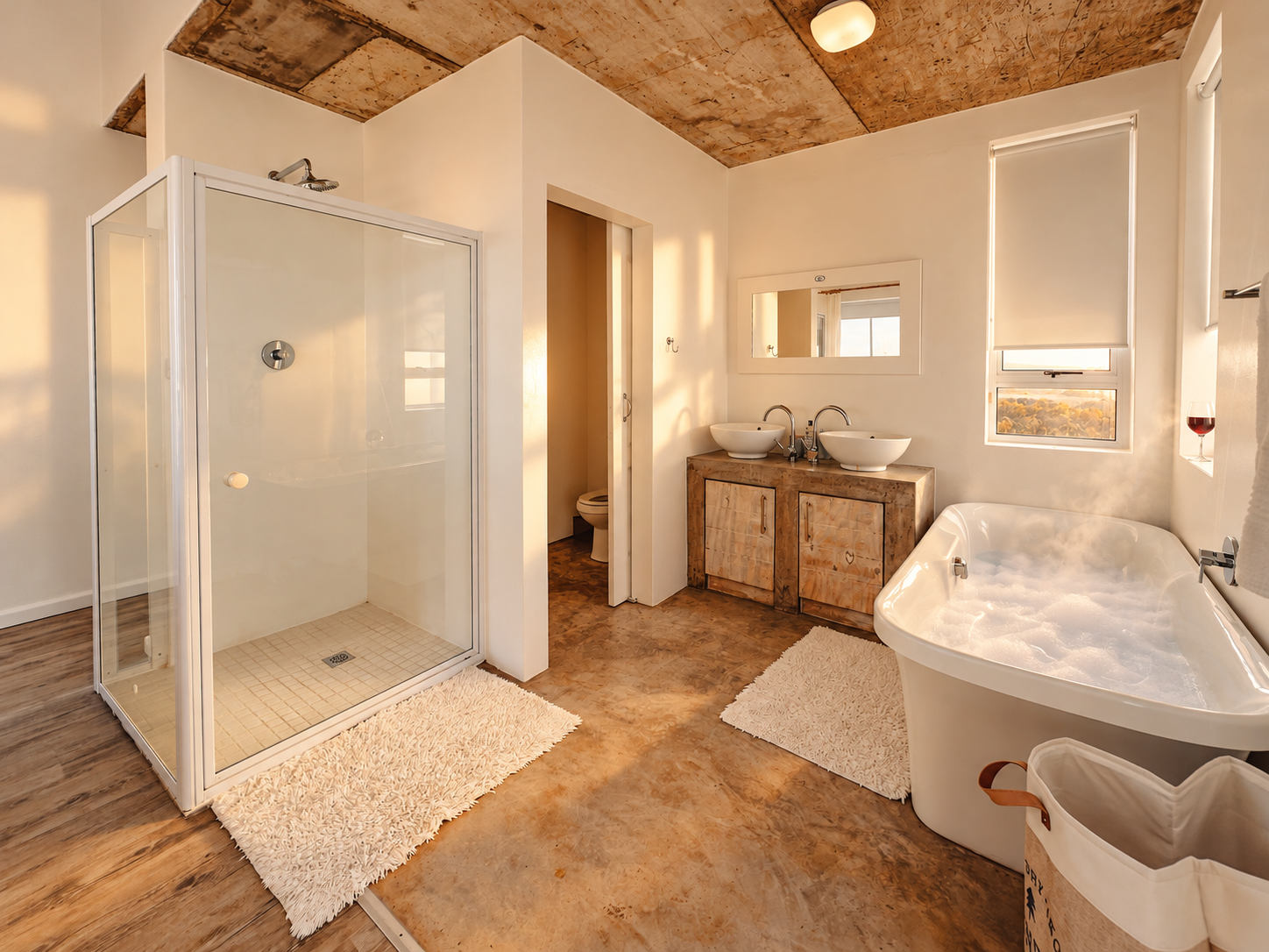 Bathroom with double vanity, bath and glass shower