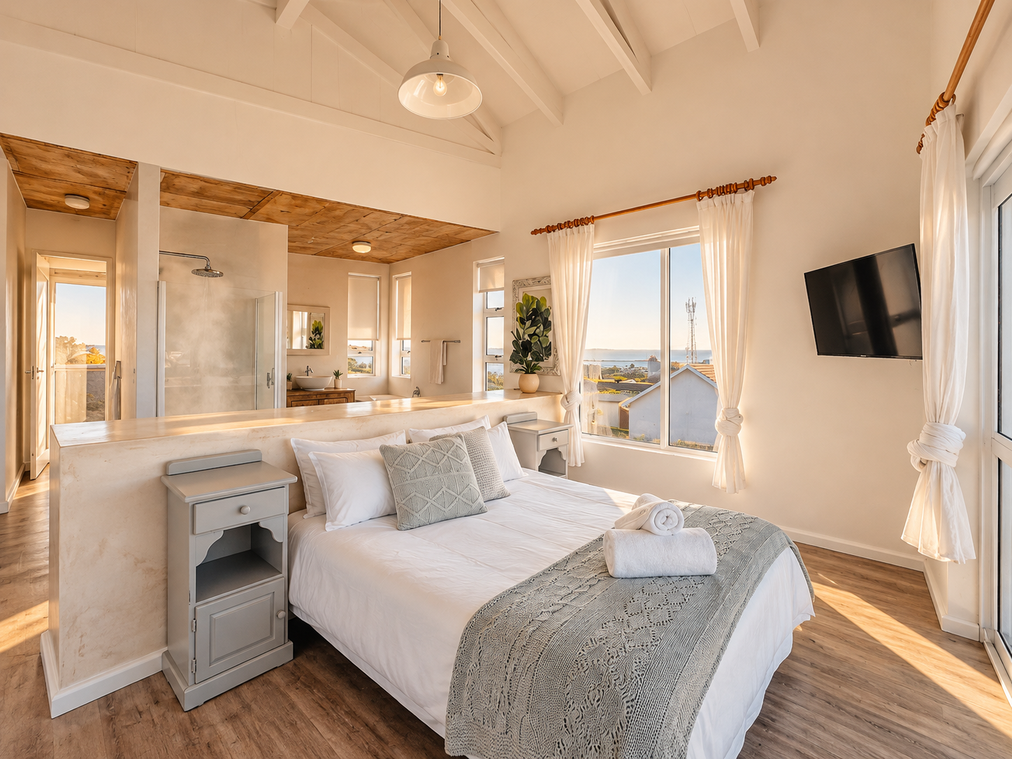 Upstairs bedroom with an open bathroom behind the headboard